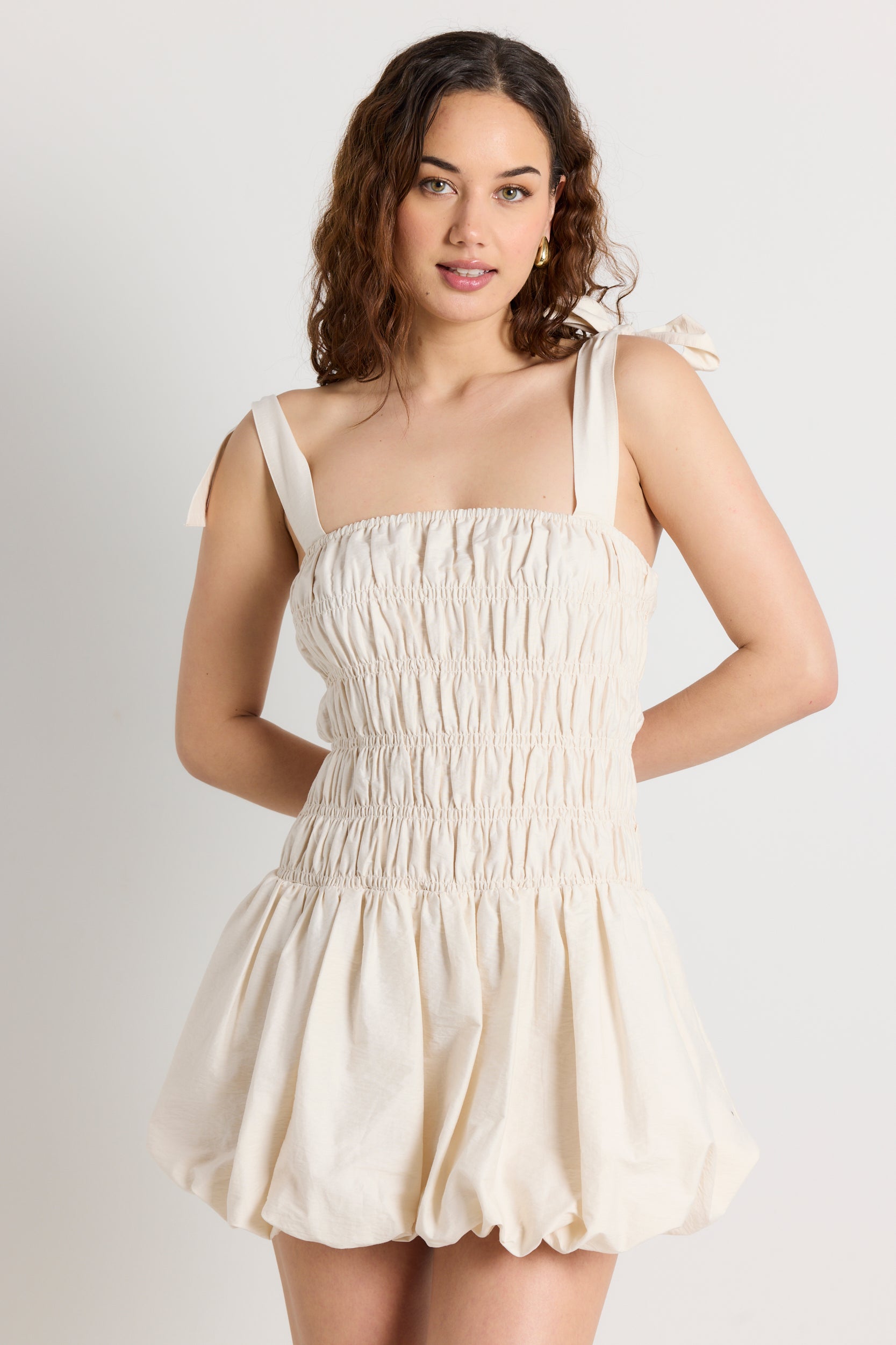 Elegant Ecru Bubble Skirt Mini Dress for Women - Trendy Party & Date Night Outfit - Perfect for Summer Weddings, Cocktail Parties and Casual Outings