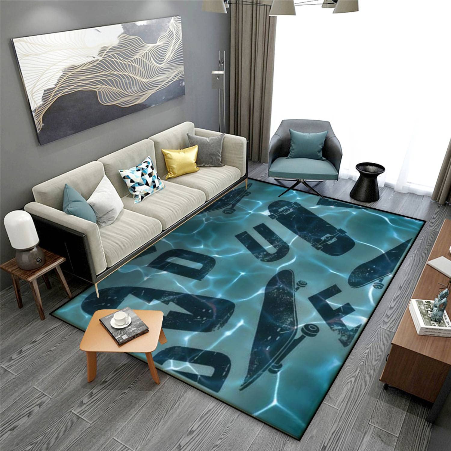 MJKIODPEV Skater Dude Print Area Rug - Non-Slip Soft Indoor/Outdoor Carpet with Seamless Skateboard Design - 63''×94'' Floor Mat for Living Room, Bedroom, Dorm Decor - Perfect for Skateboard Enthusiasts & Teen Room Styling