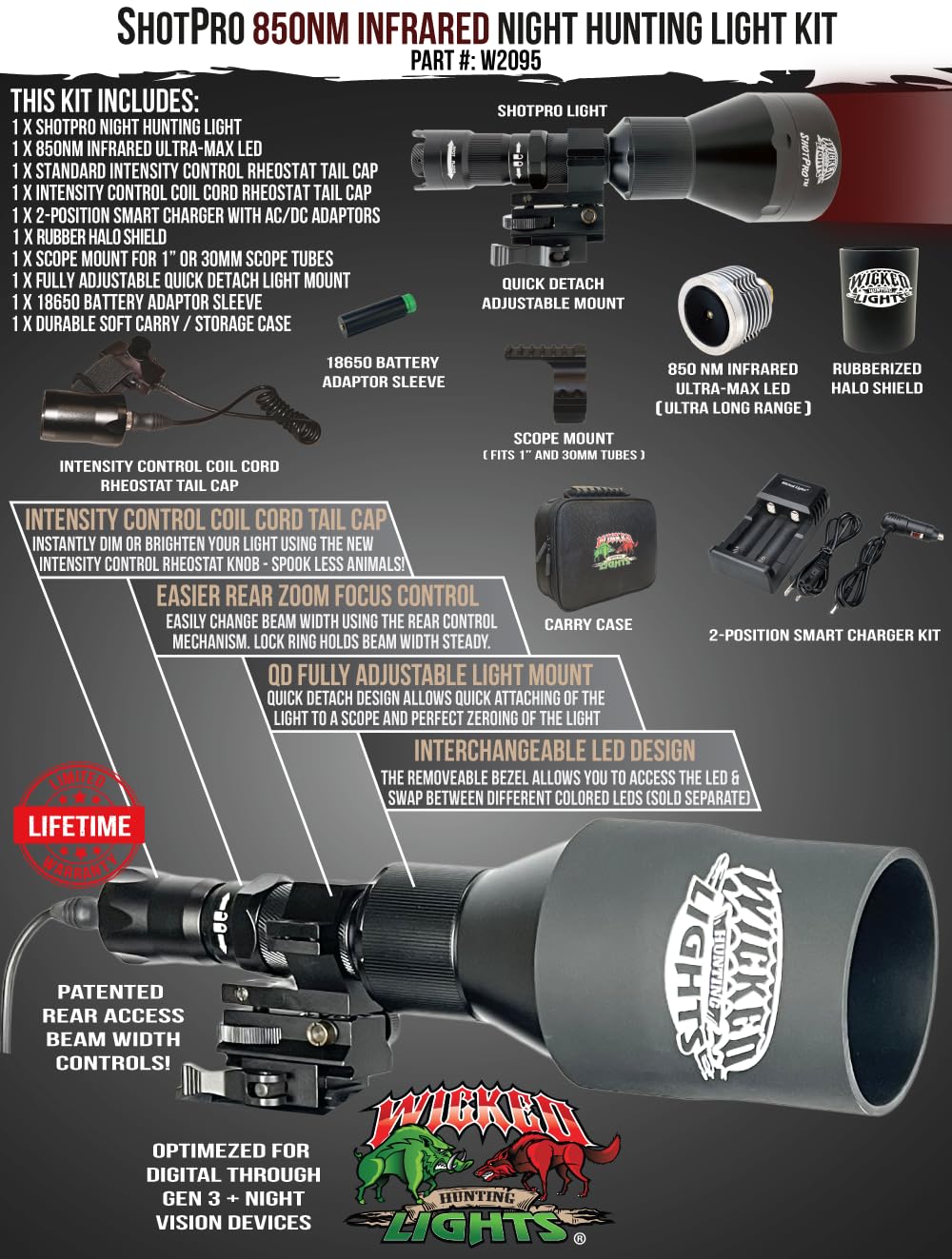 Wicked Lights ShotPro™ Extreme Range 850nm Infrared Night Hunting Light Kit - Ultra-Max LED for Night Vision Scopes & Devices - Perfect for Coyote Hunting, Hog Control & Tactical Operations