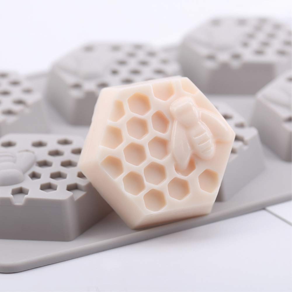 2Pcs 3D Hexagon Honeycomb Soap & Cake Molds - Beehive Silicone Baking Pan for Chocolate, Candy, Biscuits & Muffins - 6-Cavity Ice Cube Tray (Gray) - Perfect for DIY Desserts, Party Treats & Handmade Soap Crafts