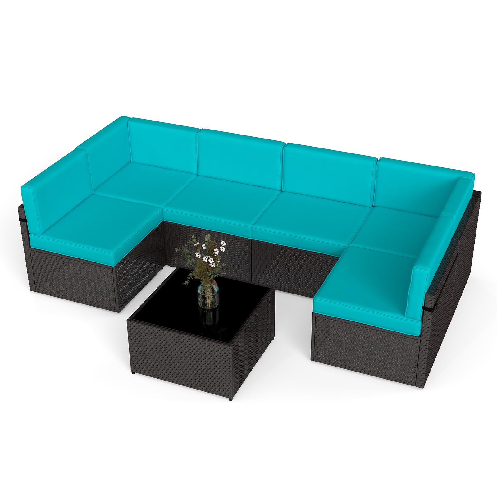 JSUN7 7-Piece Outdoor Patio Furniture Set - PE Rattan Sectional Sofa with Coffee Table & Cushions, Turquoise Wicker Garden Sofa Set for Backyard, Poolside & Balcony Relaxation