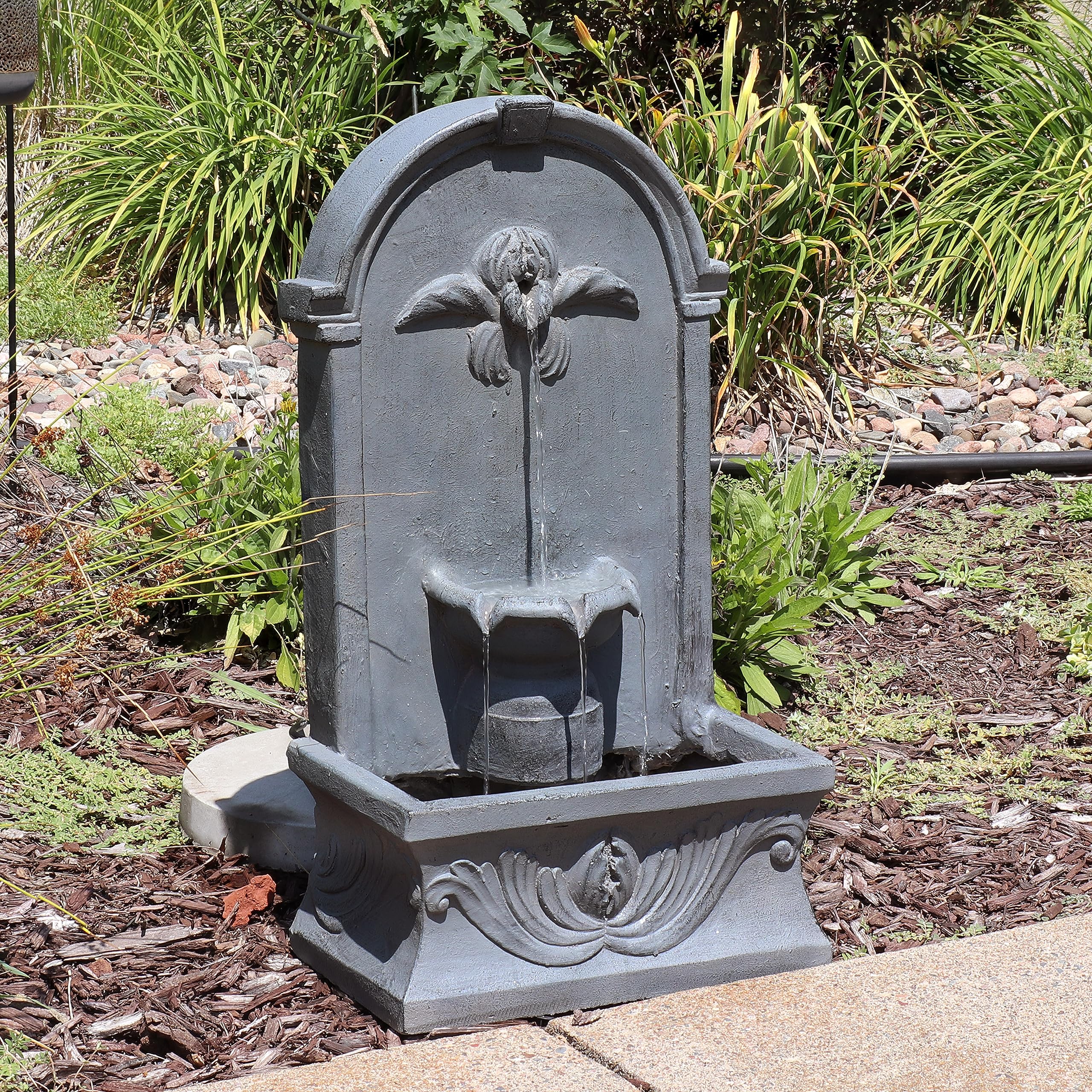 28-Inch French-Inspired Outdoor Flat Back Water Fountain - Durable Glass Fiber Reinforced Concrete - Perfect for Garden, Patio, and Backyard Decor