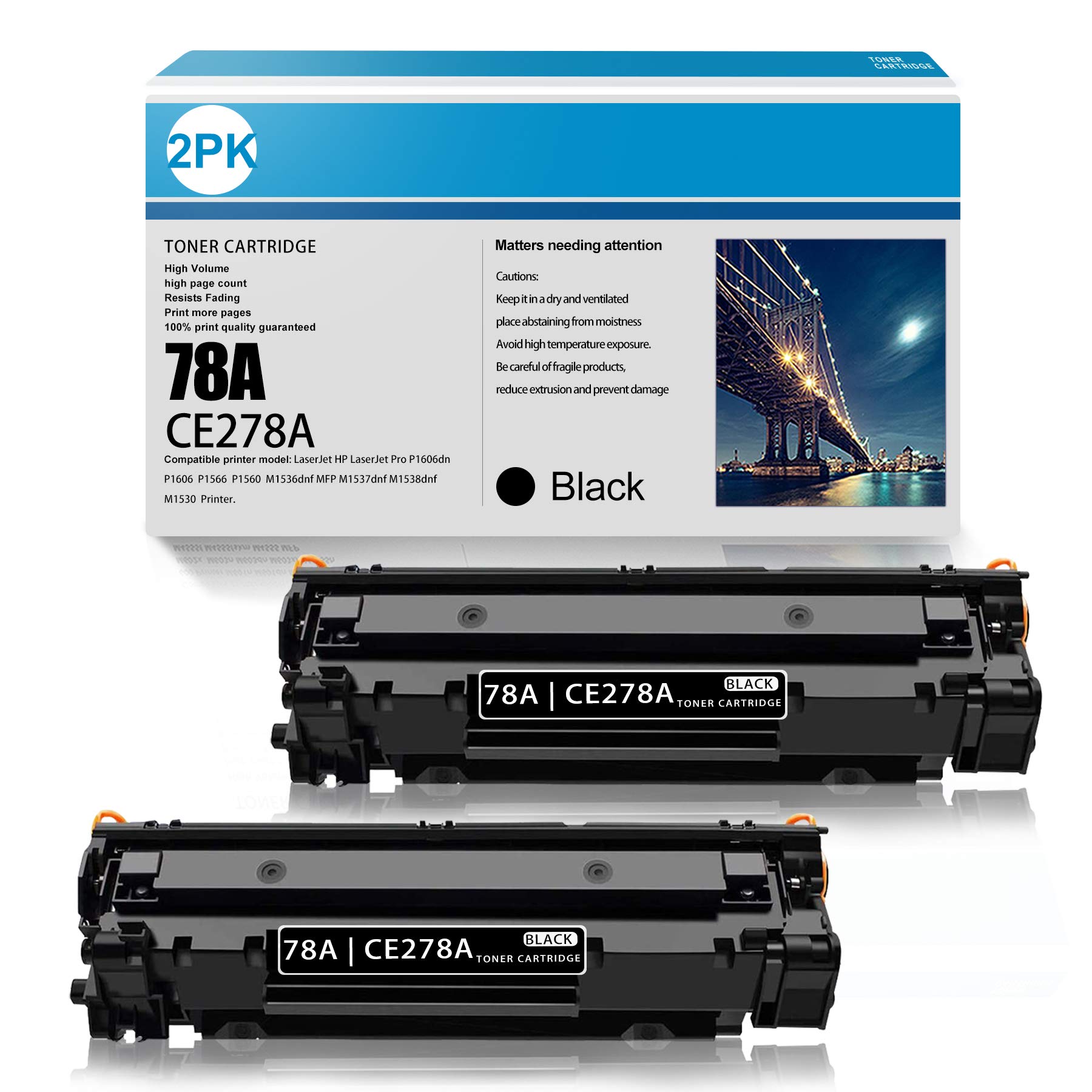 2 Pack Black High Yield Toner Cartridge 78A | CE278A Replacement for HP Pro P1606dn, P1606, P1566, P1560, M1536dnf, M1537dnf, M1538dnf, M1530 Printers | Compatible with Home & Office Printing, Documents, Reports, and Business Materials