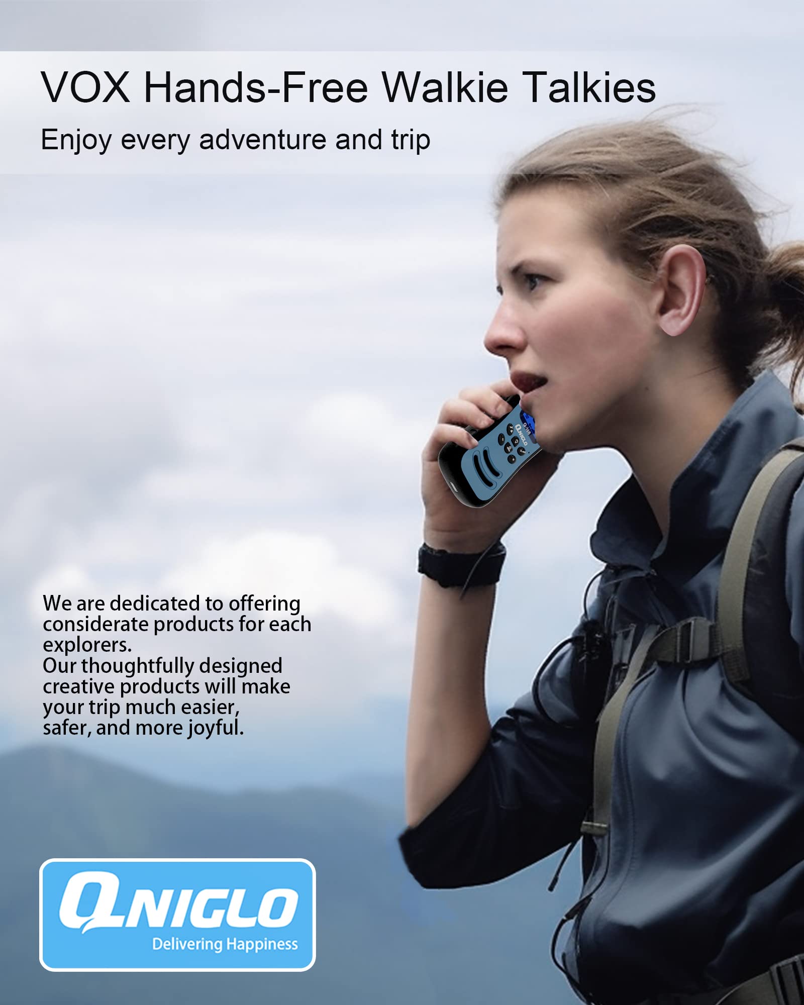 Qniglo Rechargeable Walkie Talkies for Adults & Kids - 22 FRS Channel Long Range 2 Way Radios with VOX & LED Flashlight - Perfect for Hiking, Camping, Outdoor Adventures & Emergency Communication (3 Pack)
