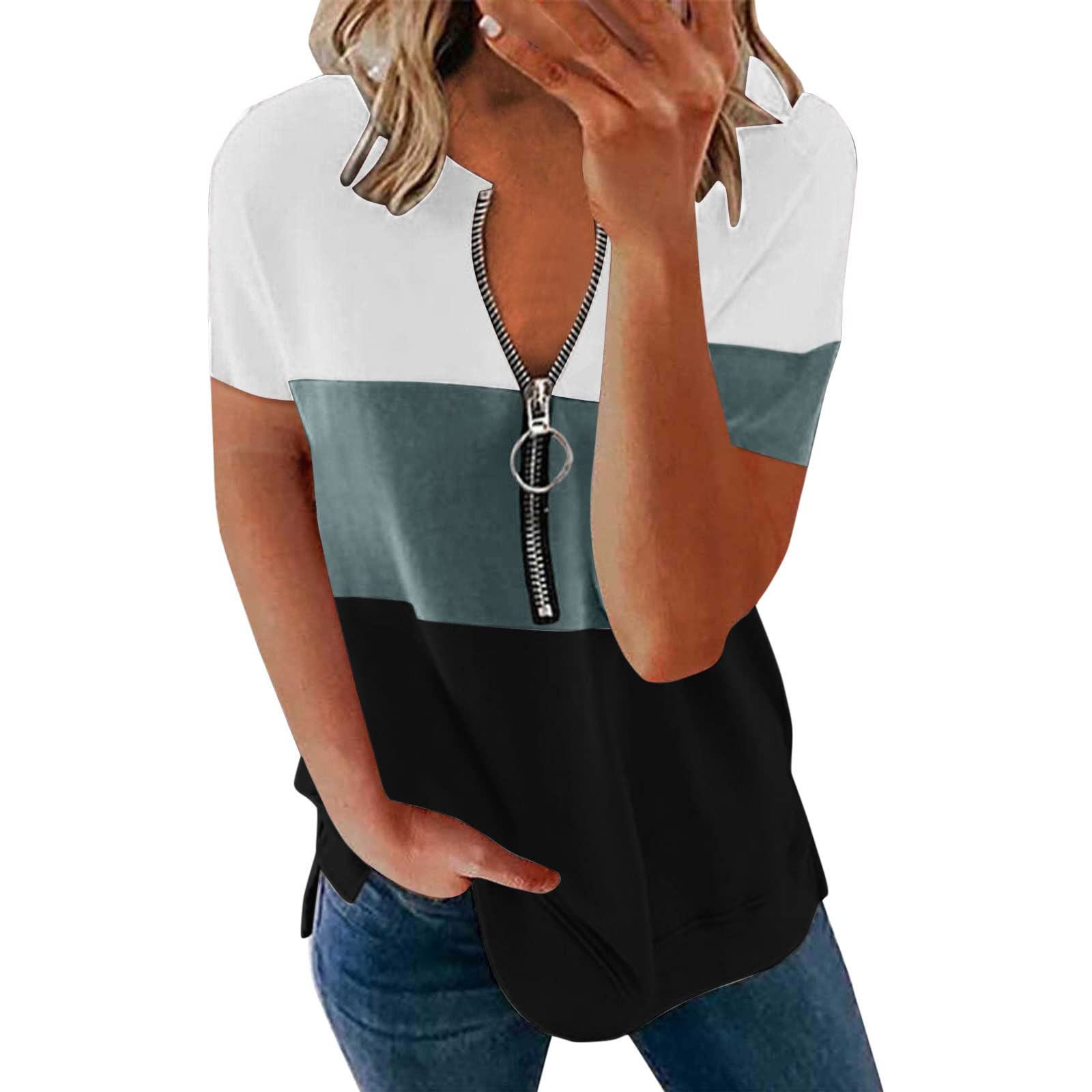 Women's Summer Contrast Color Zipper Short Sleeve Casual Blouse T-Shirt | Active Wear Top for Women | Perfect for Outdoor Activities, Gym & Casual Outings