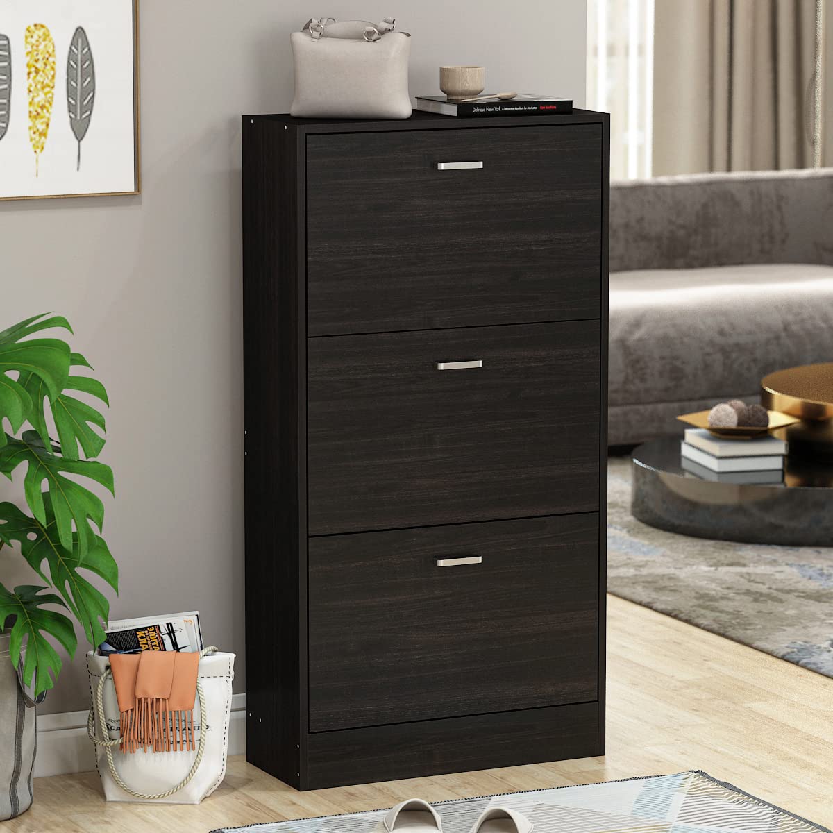 Hitow 3-Tier Flip Drawer Shoe Storage Cabinet - Freestanding Narrow Shoe Rack with Adjustable Shelf for Small Spaces - Entryway Shoe Organizer in Black Brown (23.6