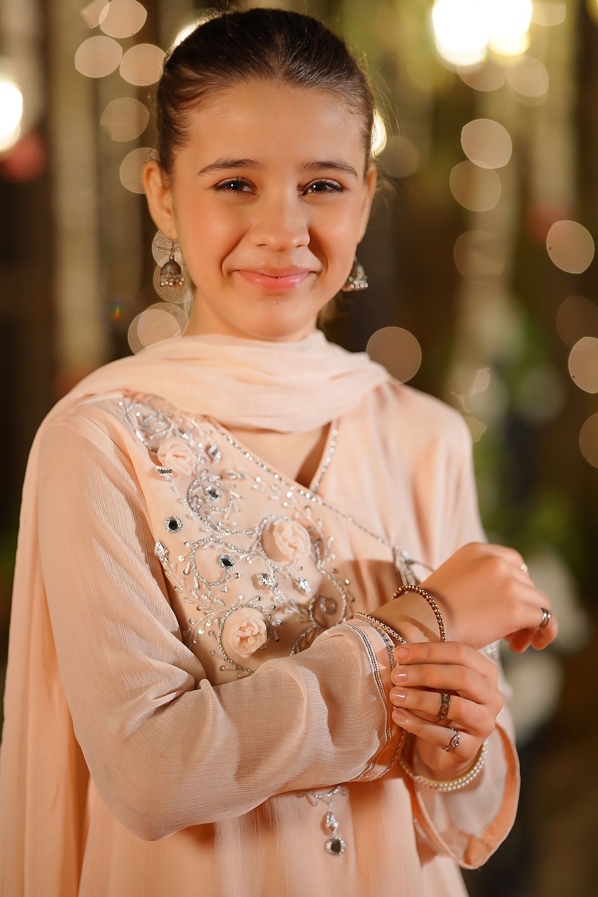 Elegant Chiffon Hand Embroidered Peach Stitched Suit in Ochre - Perfect for Weddings, Parties & Special Occasions