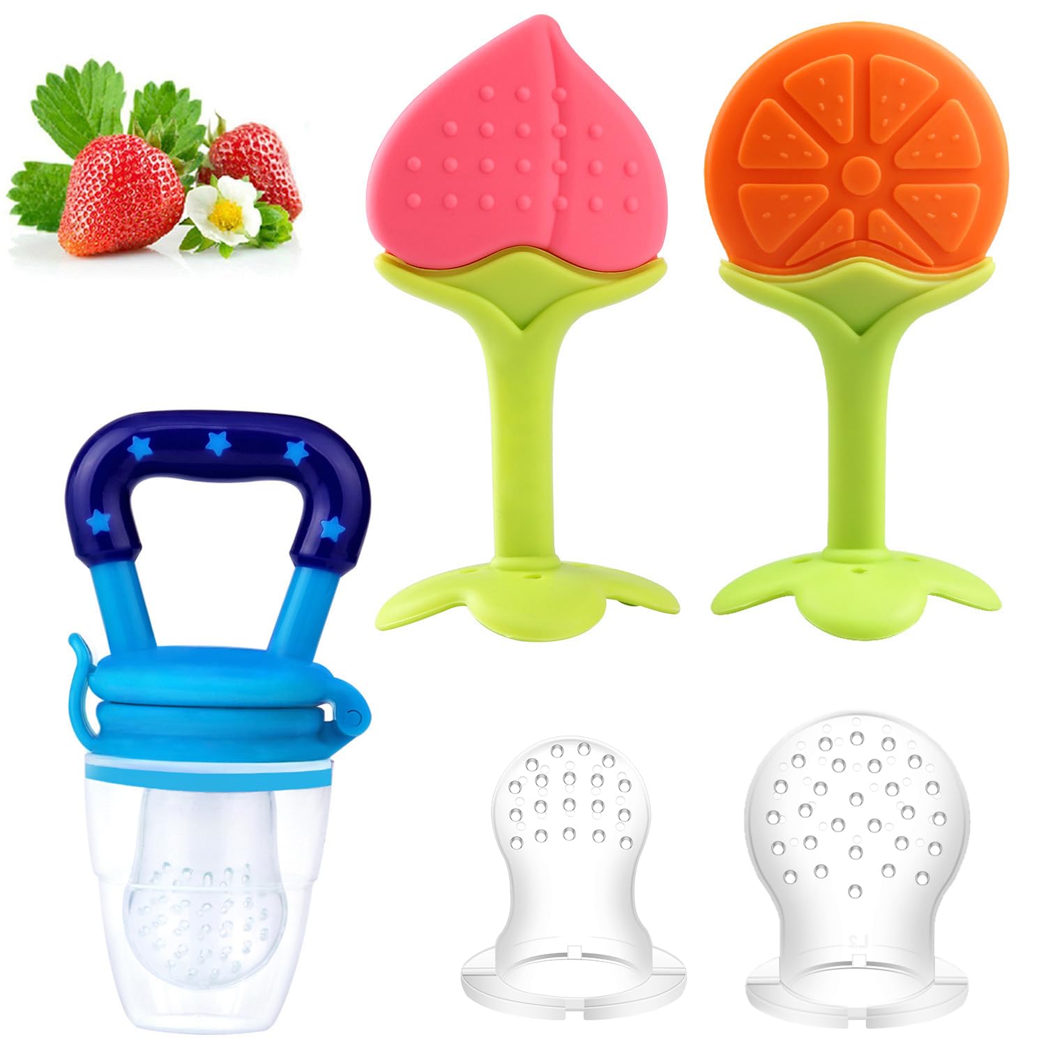 **Tinabless Organic Baby Teething Toys & Fresh Food Feeder Set - Natural Chew Toys for Infants, 2 Teethers + 1 Feeder with 3 Silicone Sacs | Perfect for Soothing Sore Gums & Introducing Solid Foods**