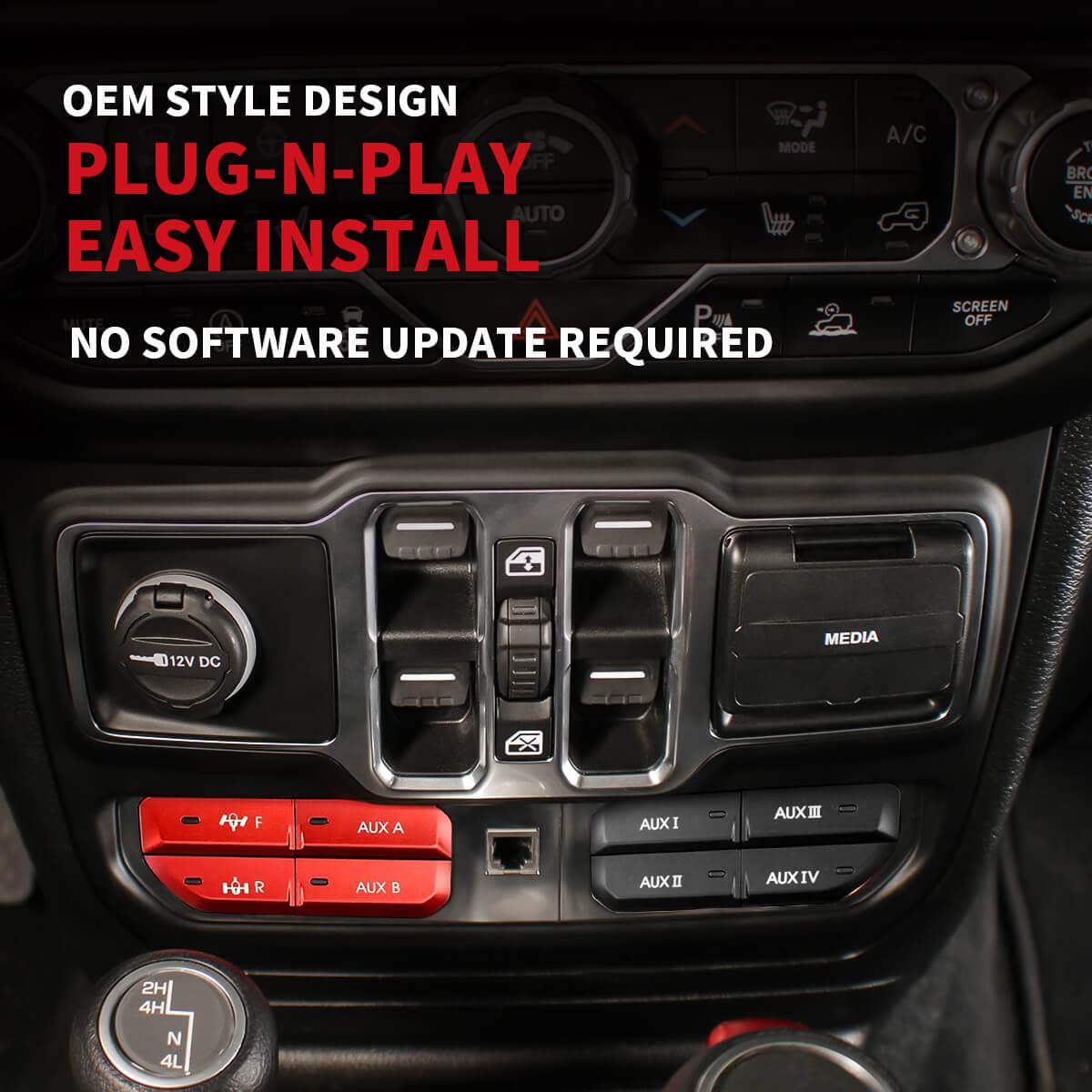 LASFIT Auxiliary Switch Bank Kit - 4 Button Dash Panel for Jeep Wrangler JL (2018-2023) & Gladiator JT (2019-2023) - OEM Style Plug & Play Front/Rear Locker Switch - No Software Update Needed - Red LED Backlight - Perfect for Off-Roading & Custom Lighting Control