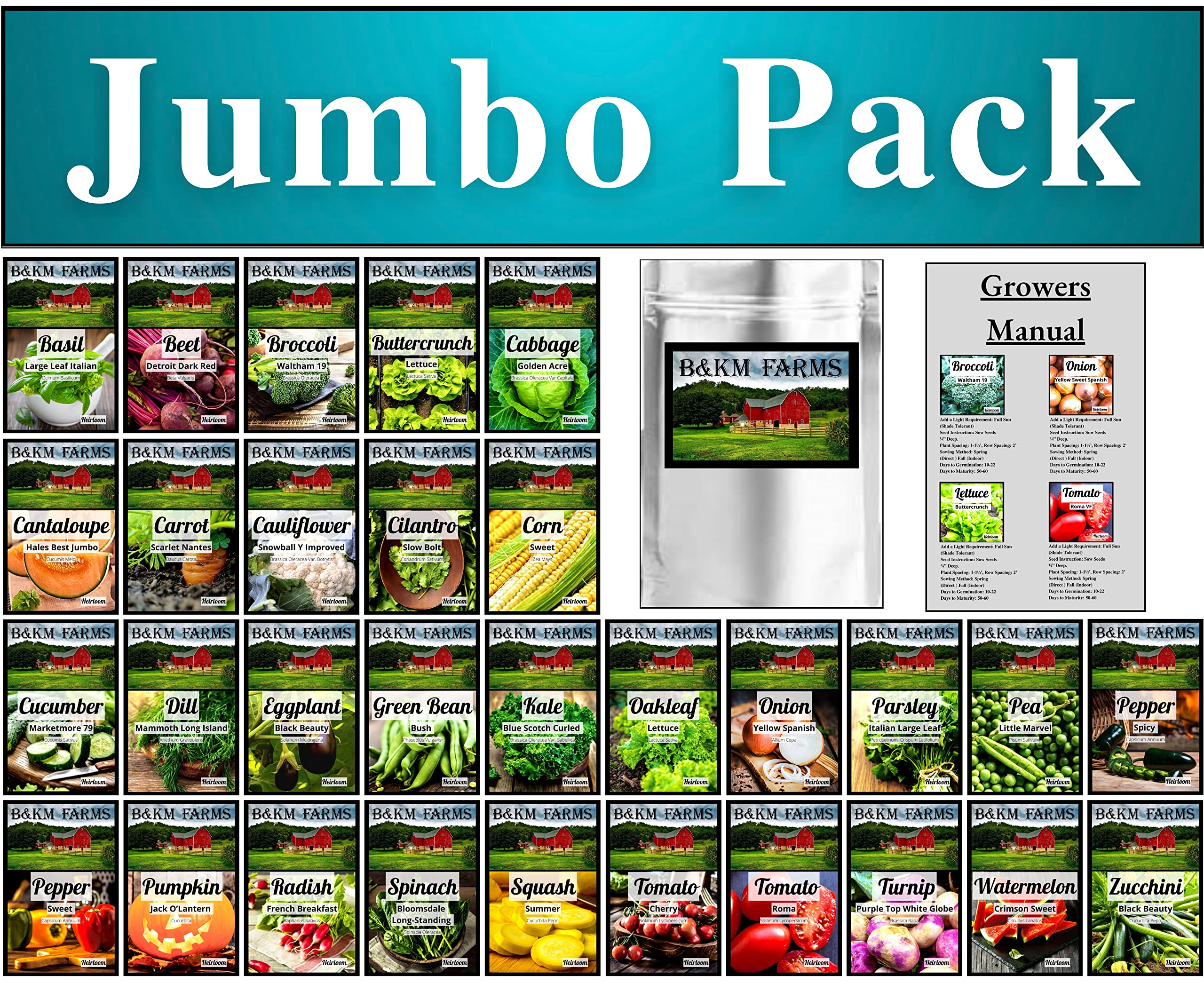 30 Heirloom Vegetable & Fruit Seed Packets - 23,600 Non-GMO Seeds with Free Growing Guide - Mylar Storage Bags for Home Gardening, Survival Kits & Emergency Food Prep