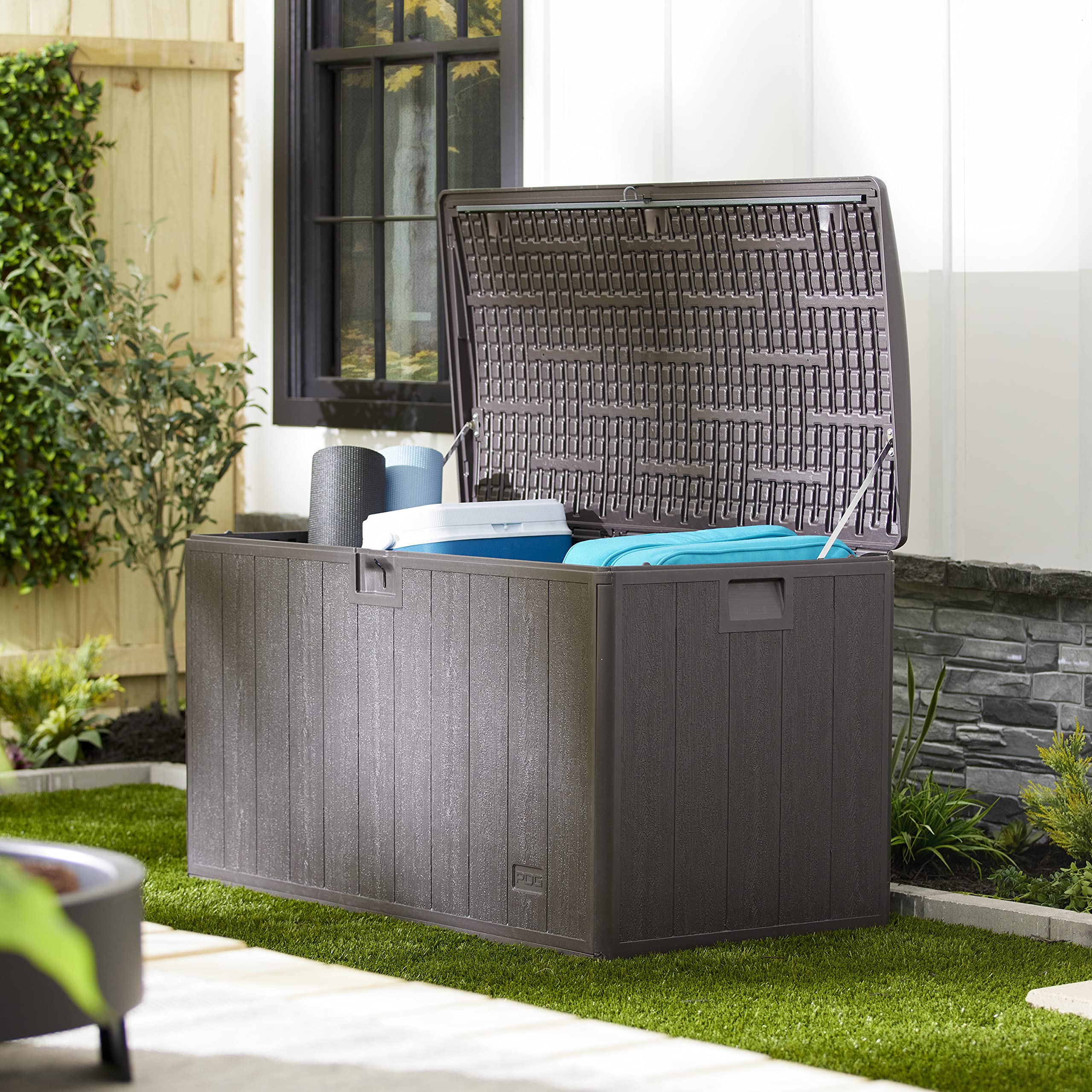 Plastic Development Group 105 Gallon Outdoor Storage Deck Box with Soft Closure - Java Brown - Perfect for Patio, Garden, and Backyard Organization