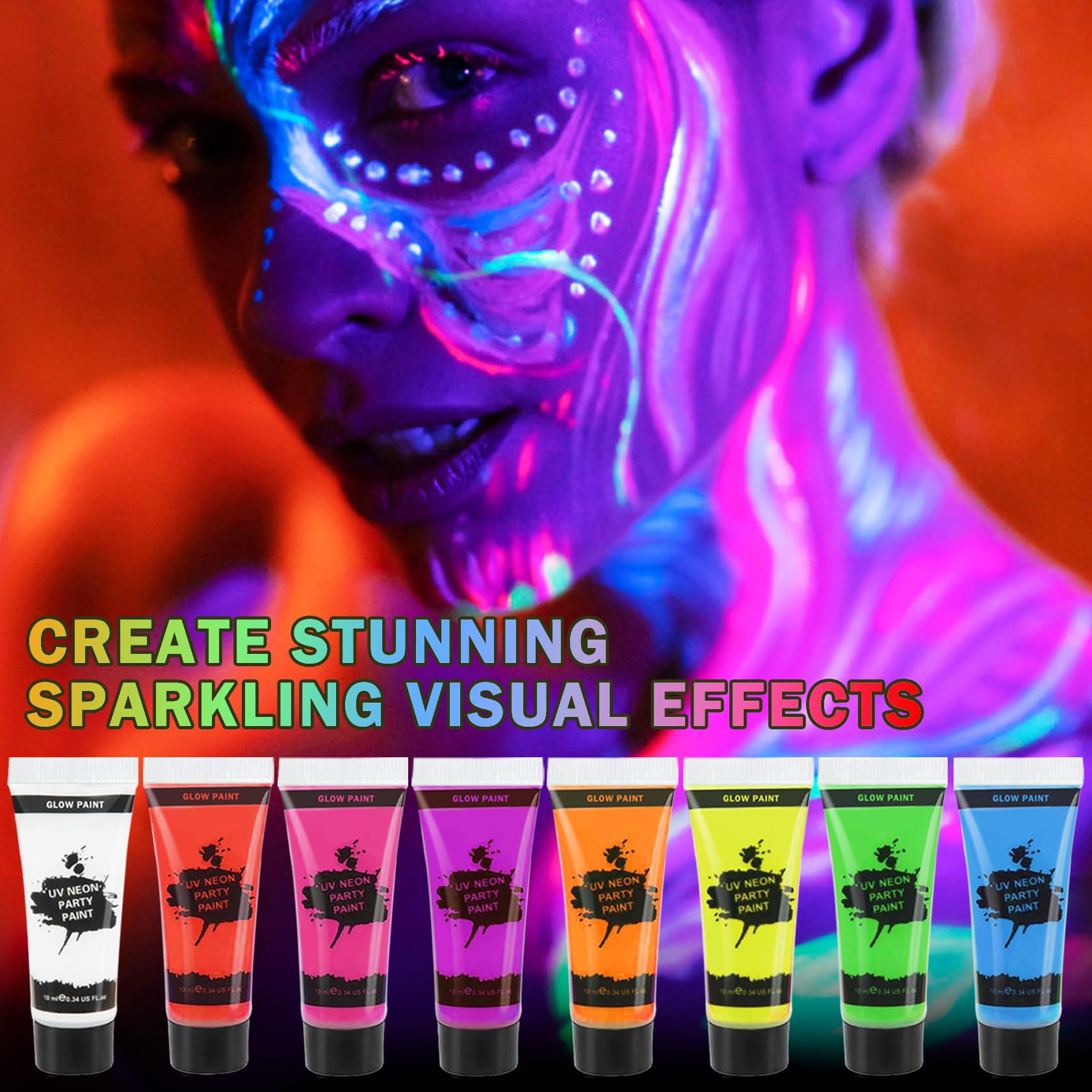 Glow in the Dark Face Paint & Body Paint Set - 8 Neon Colors for UV Blacklight, Halloween & Festival Makeup - Safe for Kids & Adults - Perfect for Parties, Raves & Costume Events