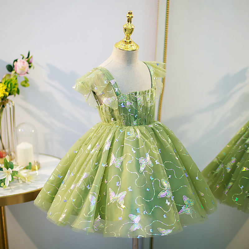 Sparkly Green Sequin Tulle A-Line Flower Girl Dress with Cap Sleeves - Knee Length for Weddings, Pageants & Special Occasions