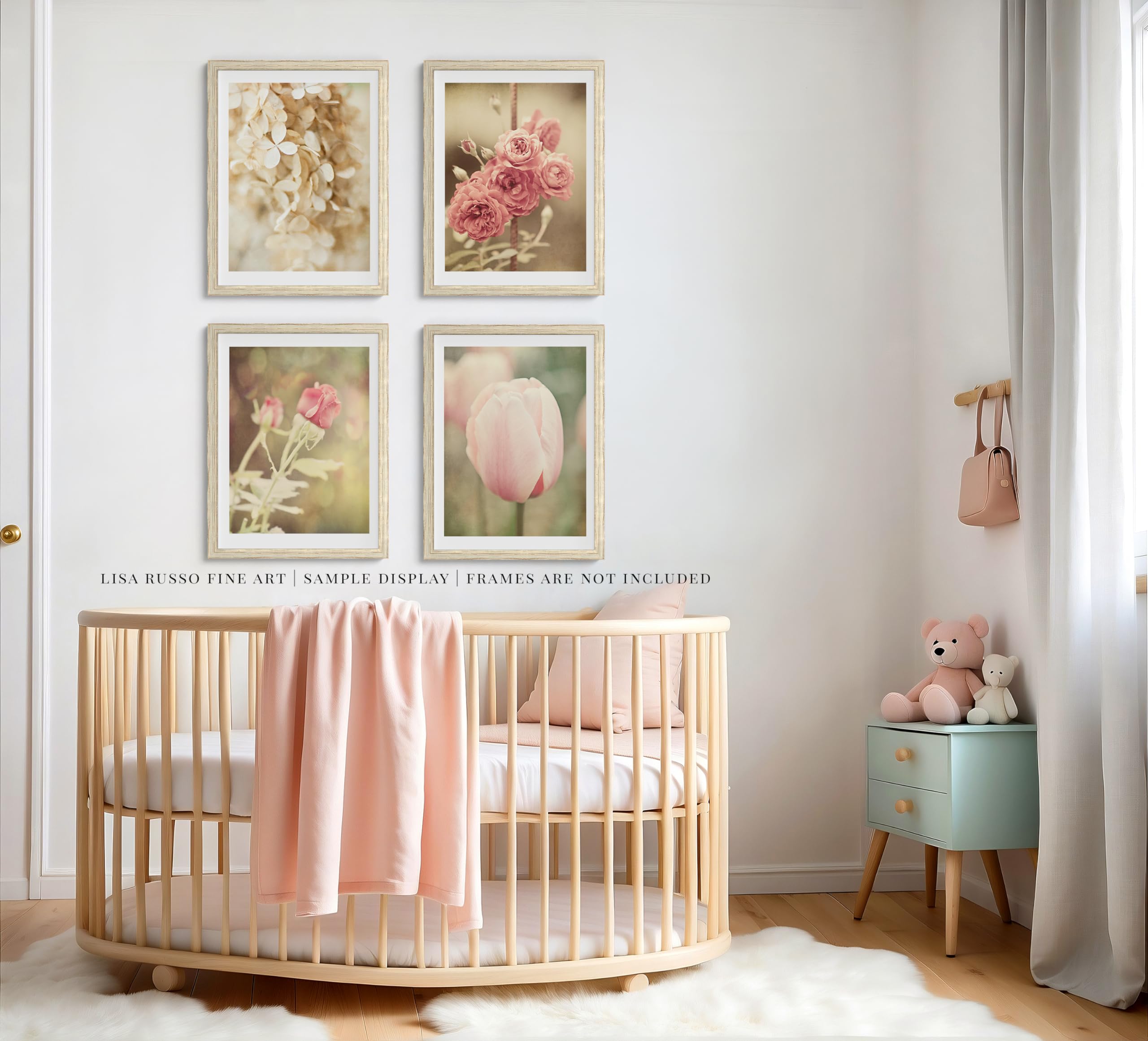 Pink and Off White Floral Art Prints - Set of 4 Unframed Wall Decor - Shabby Chic French Country Flower Pictures - Perfect for Bathroom, Bedroom, Nursery or Living Room - 8x10 Inches - Home Decor Gift Idea