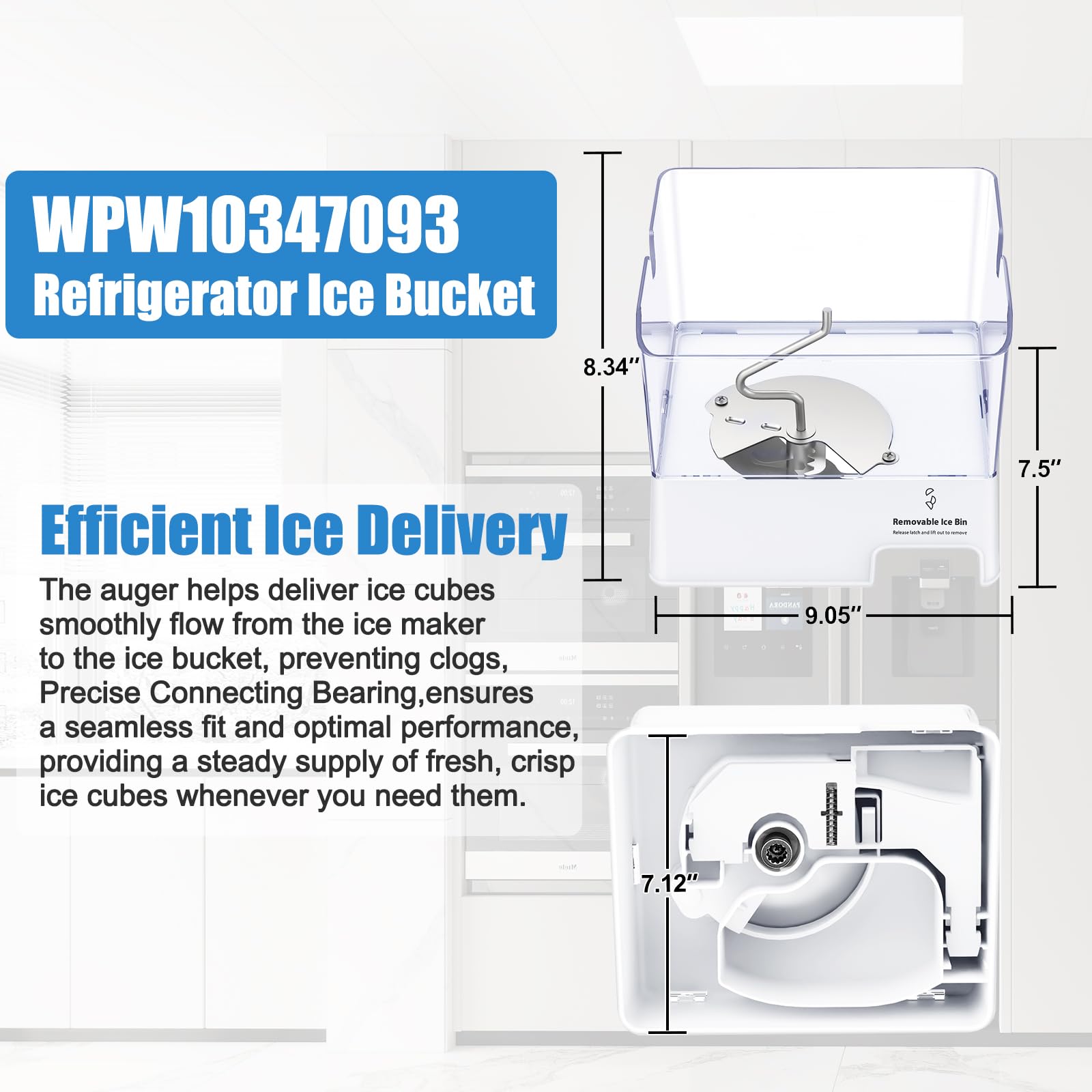 Upgraded WPW10347093 Ice Bucket - Compatible with Whirlpool Ice Maker Replacement W10347100, WRF736SDAM14, WRF736SDAM13 - Whirlpool Removable Ice Bin & Tray Parts - Perfect for Kitchen Refrigerator & Home Bar Use