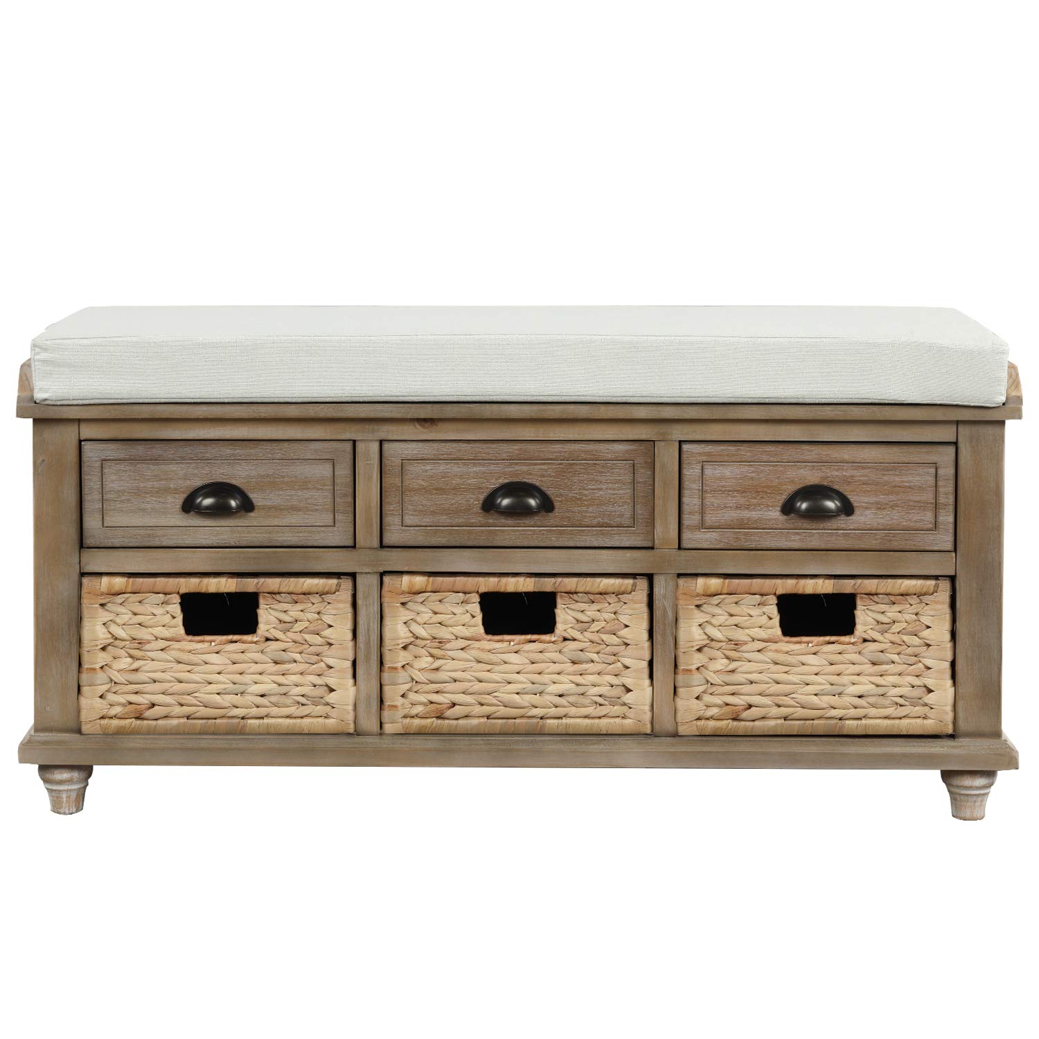 Rustic Wooden Storage Bench with 3 Drawers & Rattan Baskets - Entryway Shoe Bench with Removable Cushion - Multi-Functional Ottoman for Living Room, Bedroom & Hallway - White Washed Finish (Perfect for Entryway Organization & Extra Seating)