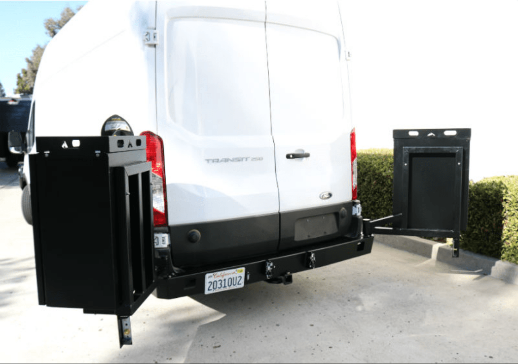 Aluminess Heavy-Duty Rear Bumper with Swing Arms & Hitch for 2015-2019 Ford Transit Vans | Off-Road Protection & Cargo Access | Perfect for Camping, Overlanding & Work Trucks