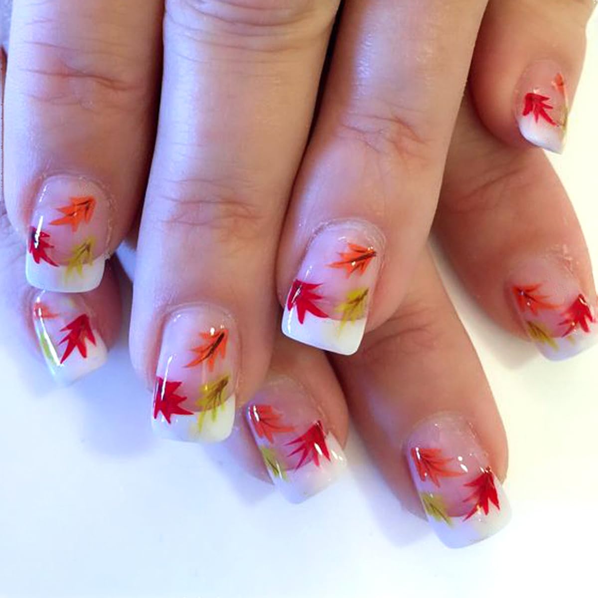 Autumn Maple Leaf Press-On Nails - Glossy Square French Tip Fake Nails with Leaf Design, White Acrylic Stick-On Nails for Women | Fall Winter Manicure, Thanksgiving Party & Holiday Nail Art
