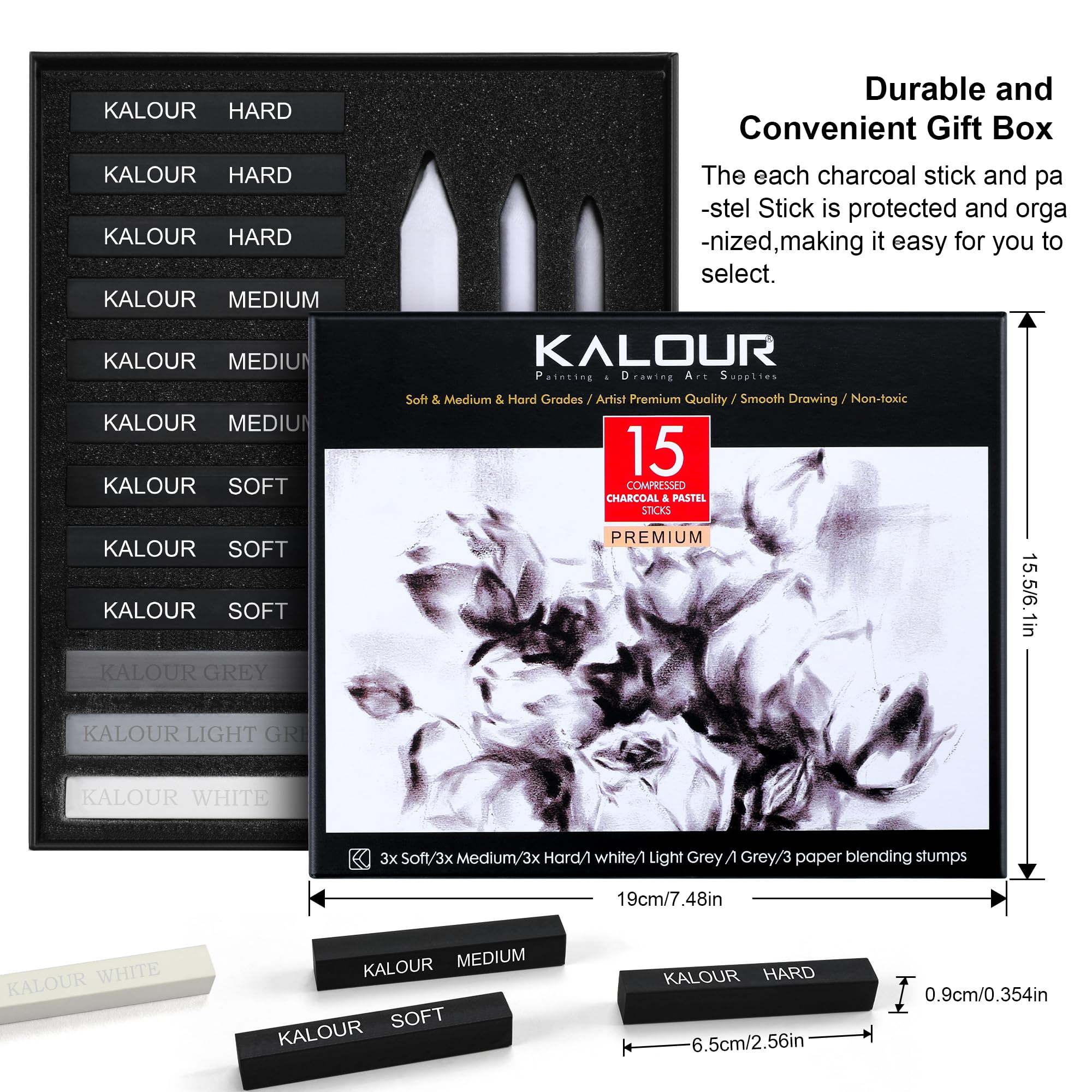 KALOUR 15 Pro Compressed Charcoal Drawing Set with Blending Stumps - Soft/Medium/Hard/White Charcoal Sticks for Sketching, Shading & Art - Perfect for Beginners & Professional Artists - Ideal for Portrait Drawing, Still Life & Figure Sketching