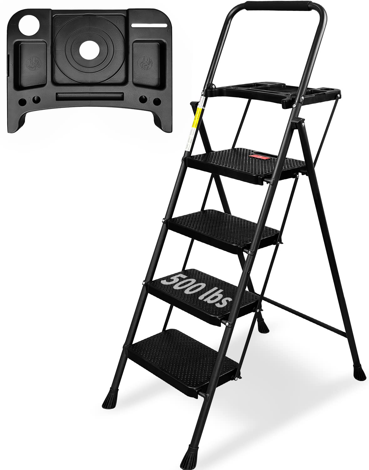 4 Step Ladder with Tool Platform - 500lbs Capacity Folding Step Stool, Wide Anti-Slip Pedal & Lightweight Steel Frame for Home, Garage & Workshop - Portable Black Step Ladder for Adults (Ideal for Painting, Shelving & DIY Projects)
