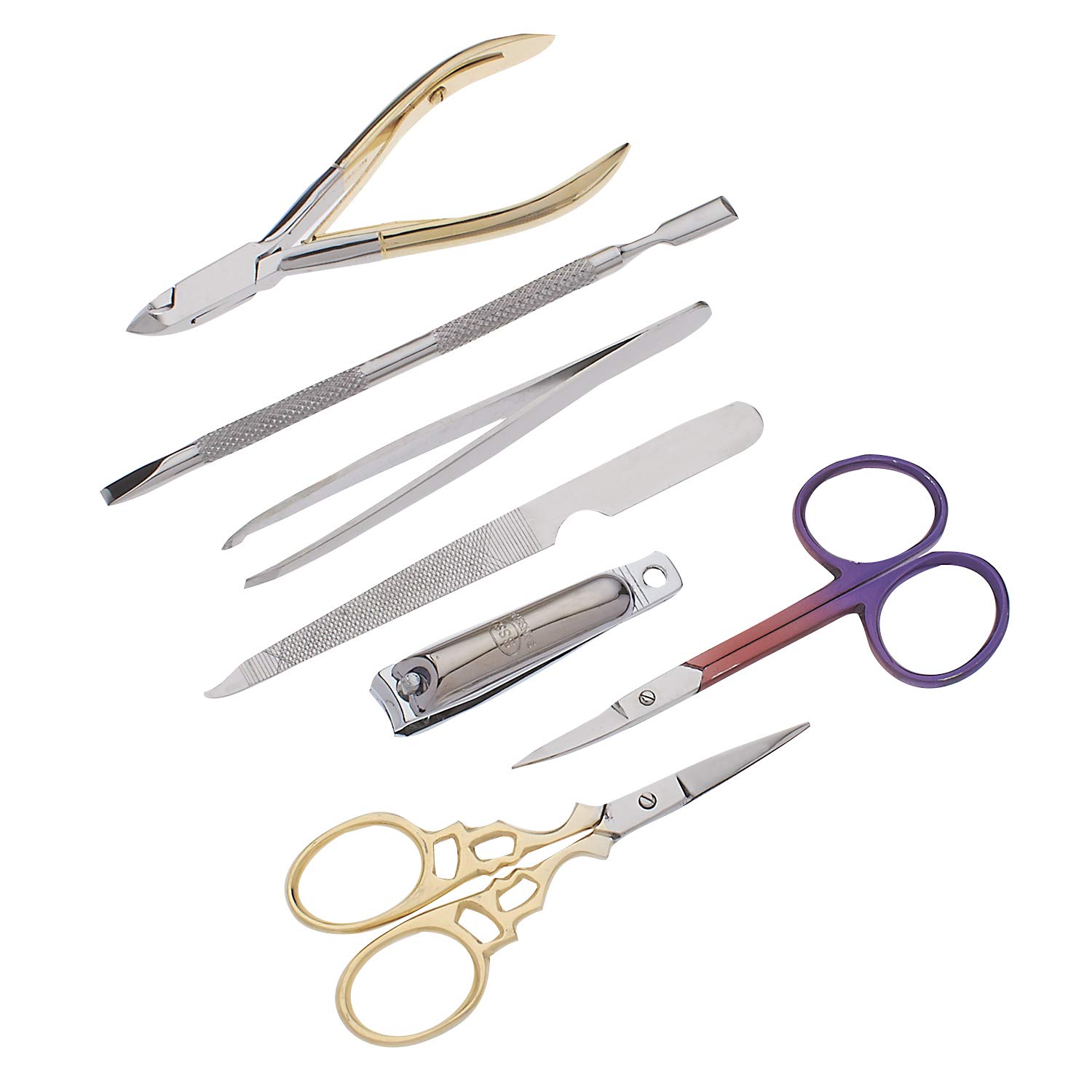 Professional Manicure & Pedicure Kit - 7pc Stainless Steel Nail Clippers Set for Eyebrows, Mustache, Beards & Toenails | Grooming Essentials with Travel Case | Perfect for Home, Salon & Travel Use