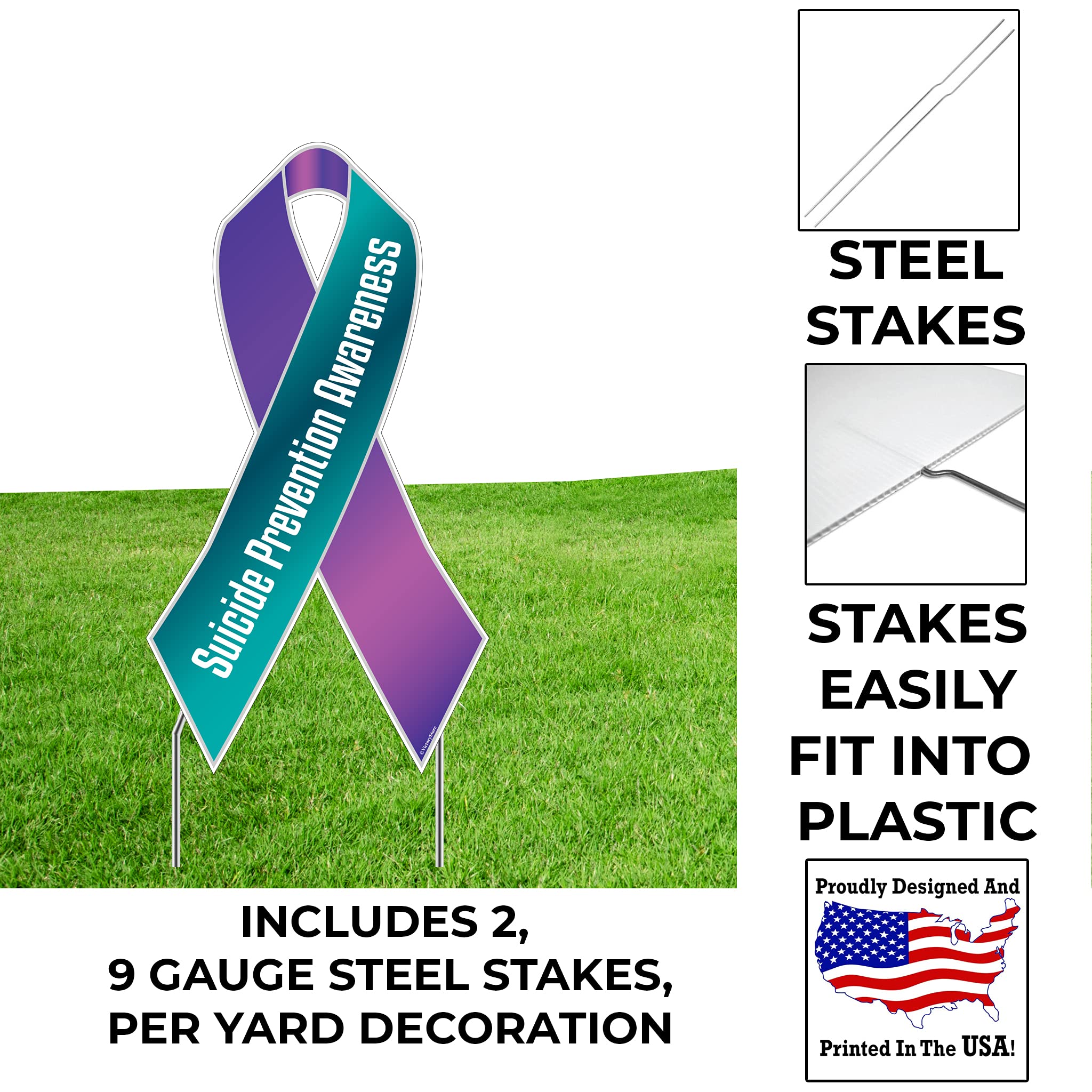 Suicide Prevention Awareness Ribbon Yard Sign - Teal & Purple Outdoor Lawn Decor with Stakes - 12.8x23.5 Inch - Perfect for Front Yard, Memorials & Awareness Campaigns - Pack of 10