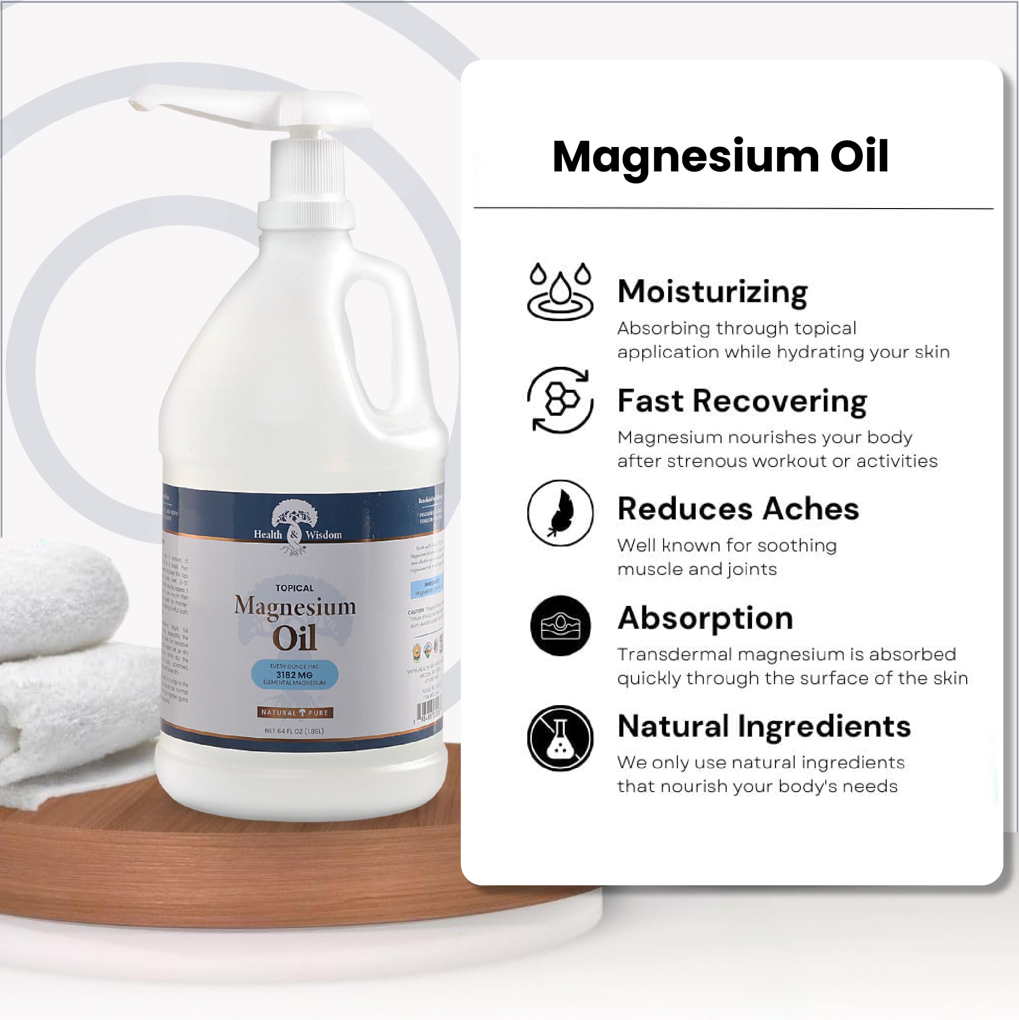 Health and Wisdom Pure Magnesium Oil - 64 Fl Oz | Topical Magnesium Chloride Oil for Feet, Bath & Massage | Transdermal Magnesium Soak for Relaxation & Muscle Recovery | Perfect for Athletes, Spa & Home Wellness