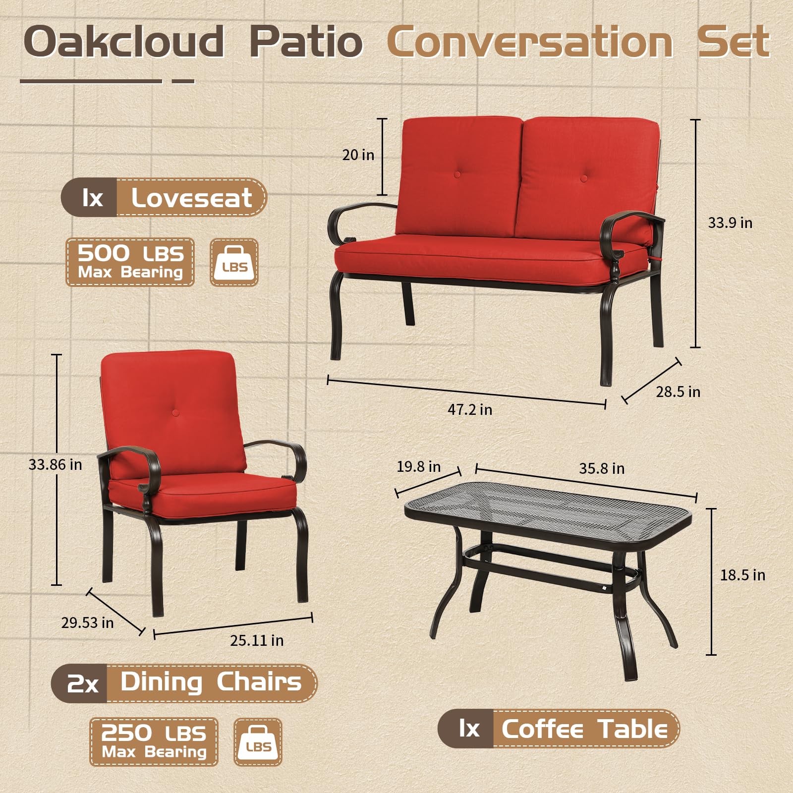 Oakcloud 4-Piece Metal Outdoor Patio Furniture Set - Wrought Iron Loveseat, Coffee Table & 2 Dining Chairs with Cushions (Red) - Perfect for Garden, Backyard, Poolside & Outdoor Conversations