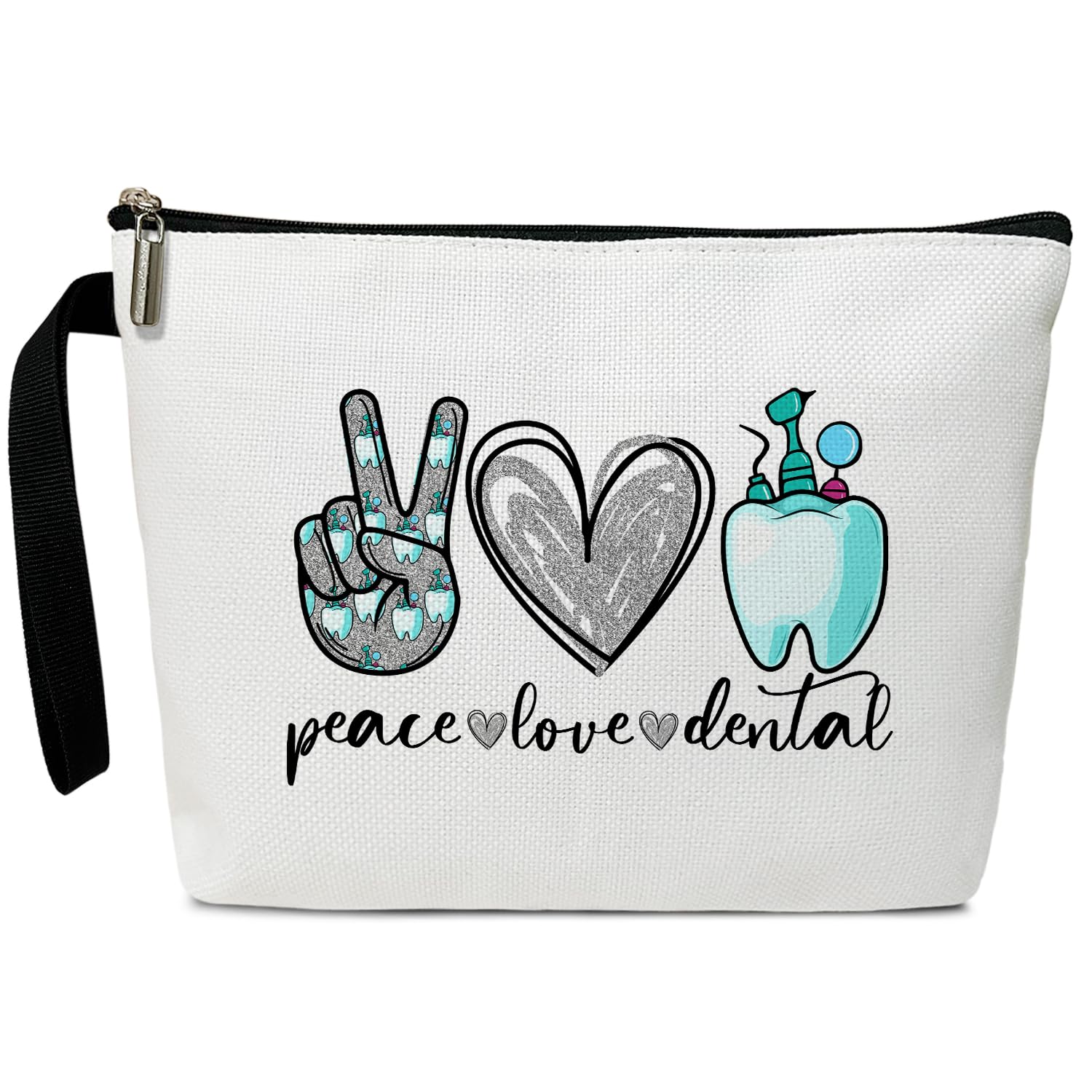 Peace Love Cosmetic Bag for Women - Waterproof Makeup Organizer with Zipper | Perfect Travel Toiletry Pouch, Dentist Gift & Friends Accessories | Great for Daily Use, Vacation Trips & Spa Days