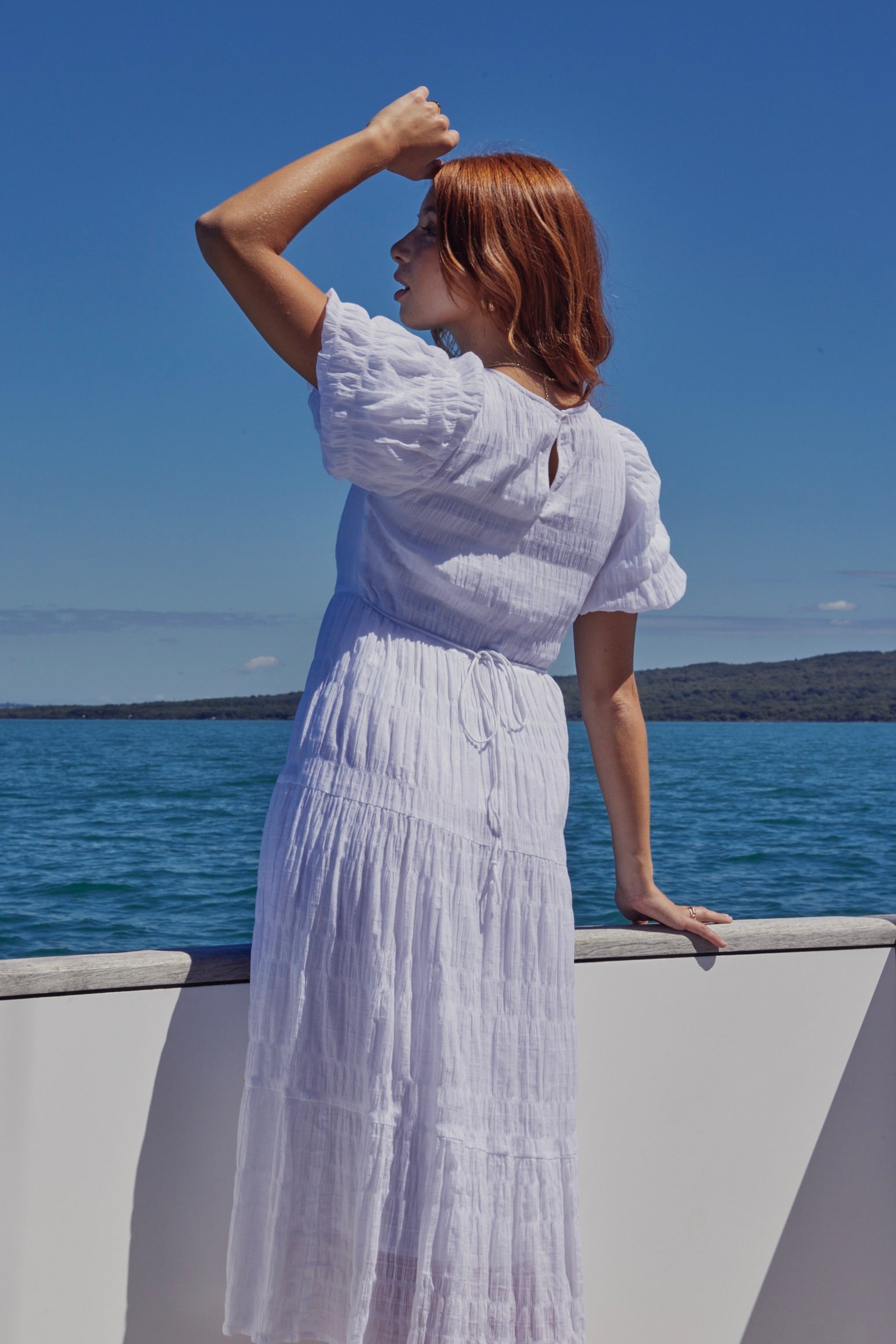 Elegant White Shirred Cotton Bubble Sleeve Tiered Maxi Dress for Women - Perfect for Summer Beach Vacations, Weddings & Boho Chic Outfits