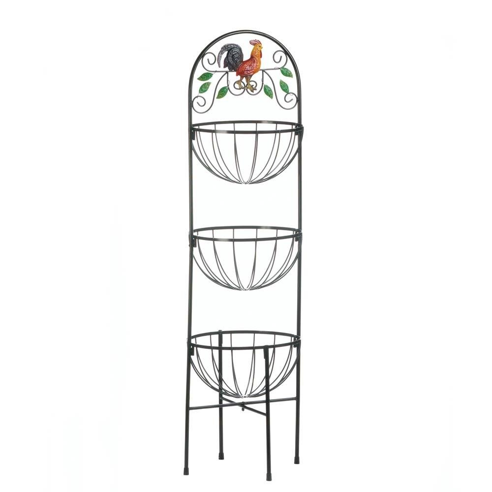 3-Tier Rooster Fruit and Vegetable Basket - Rustic Kitchen Storage Shelf for Organizing Produce, Spices & Utensils - Perfect for Farmhouse, Pantry, or Countertop Display