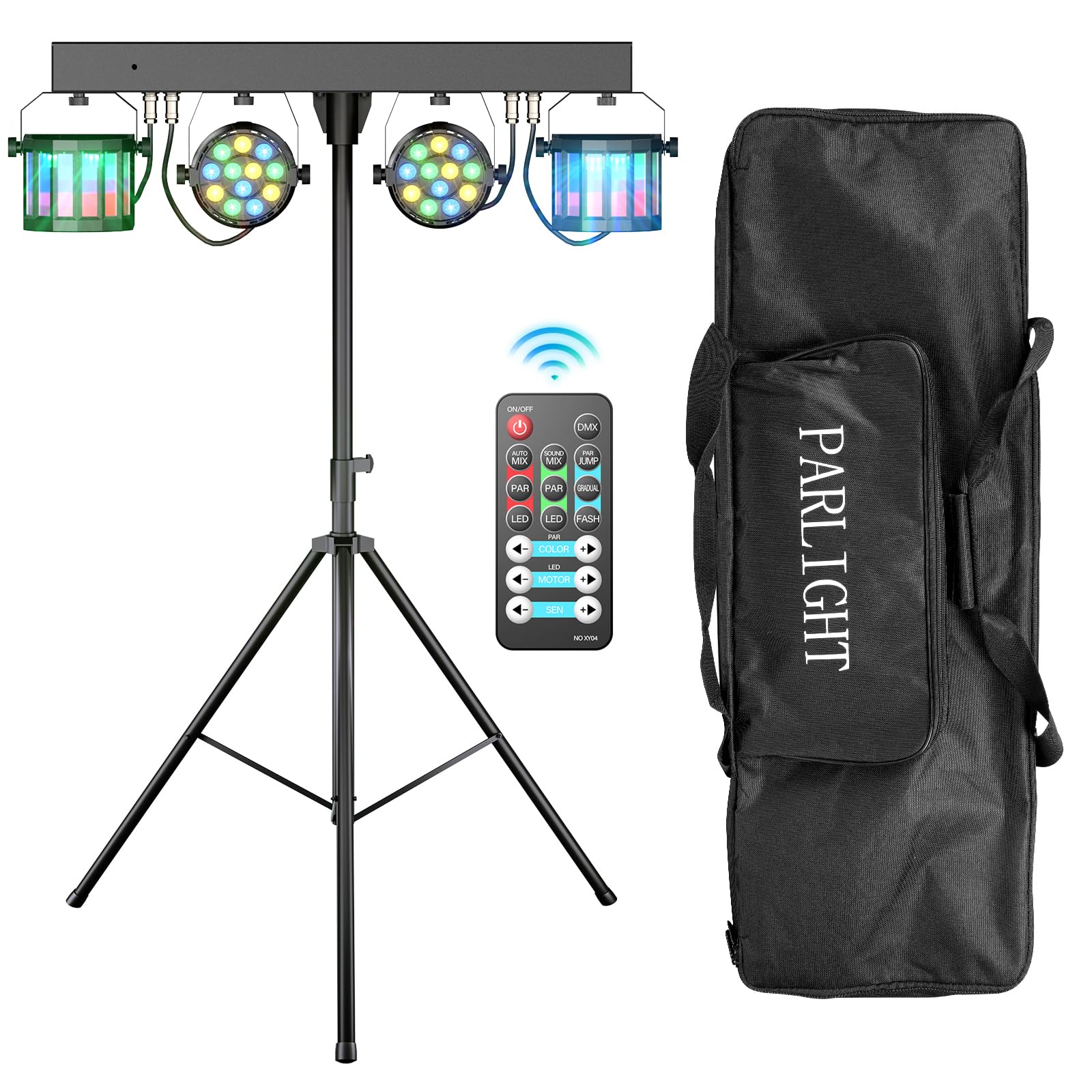 5 in 1 DJ Lighting System with 5.9ft Stand - LED Par Lights, Strobe Effects, Disco Party Lights for Indoor Events - DMX & Remote Control Mobile Stage Lighting with Carry Bag (Black) - Perfect for Nightclubs, Weddings, and Home Dance Parties