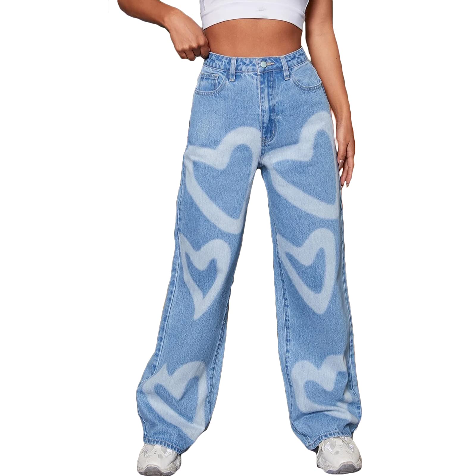 Heart Print Jeans for Women & Girls - Fashion High Waist Wide Leg Boyfriend Jeans, Loose Baggy Denim Pants for Casual Wear & Street Style Outfits