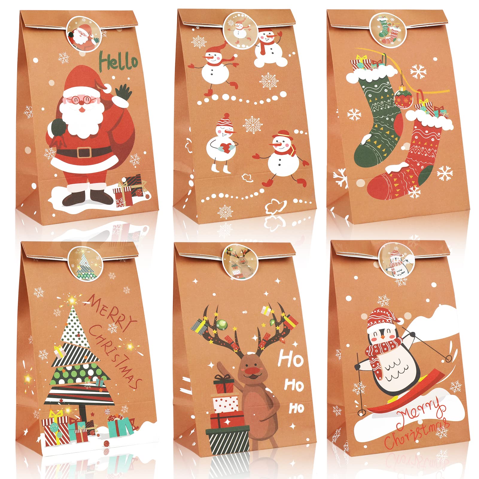 HOWAF Christmas Treat Bags - 24 Pack Holiday Goodie Bags with Festive Stickers for Cookies, Candies & Gifts | Perfect for Christmas Parties, Kids Birthdays & Classroom Celebrations | Reusable Craft Paper Gift Bags for Holiday Cheer
