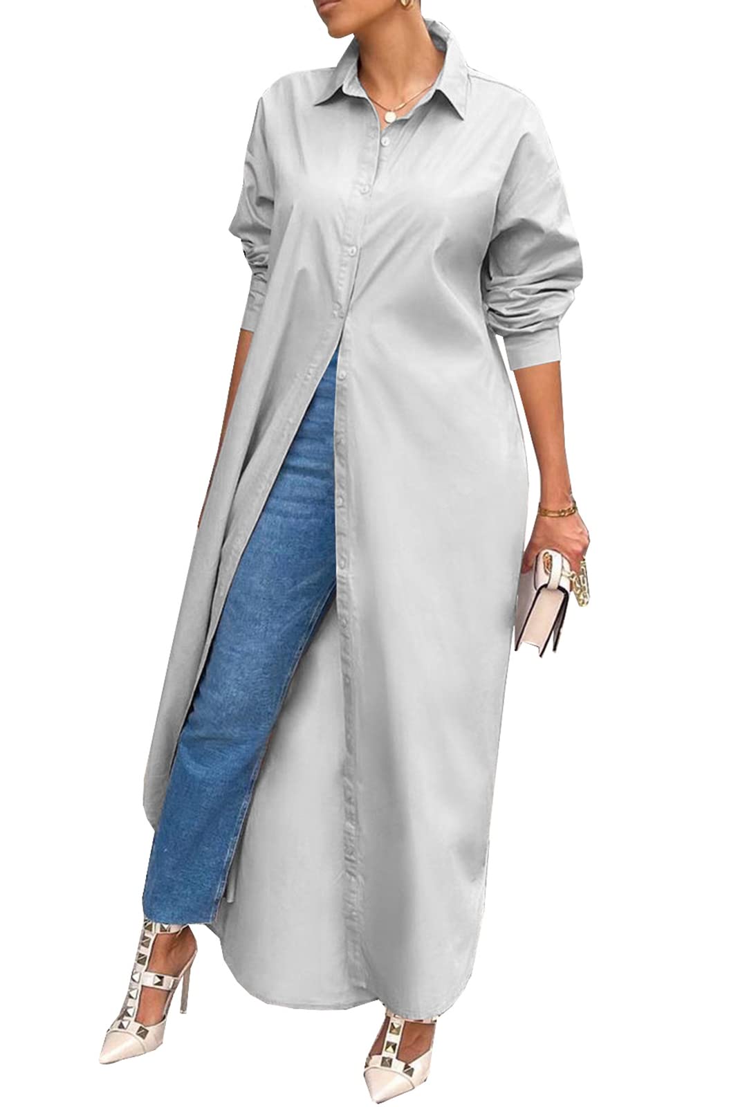 Choichic Women's Casual Long Sleeve Cotton Button Down Shirt Dress - Maxi Length Summer Beach Cover Up, Office Wear & Everyday Outfit
