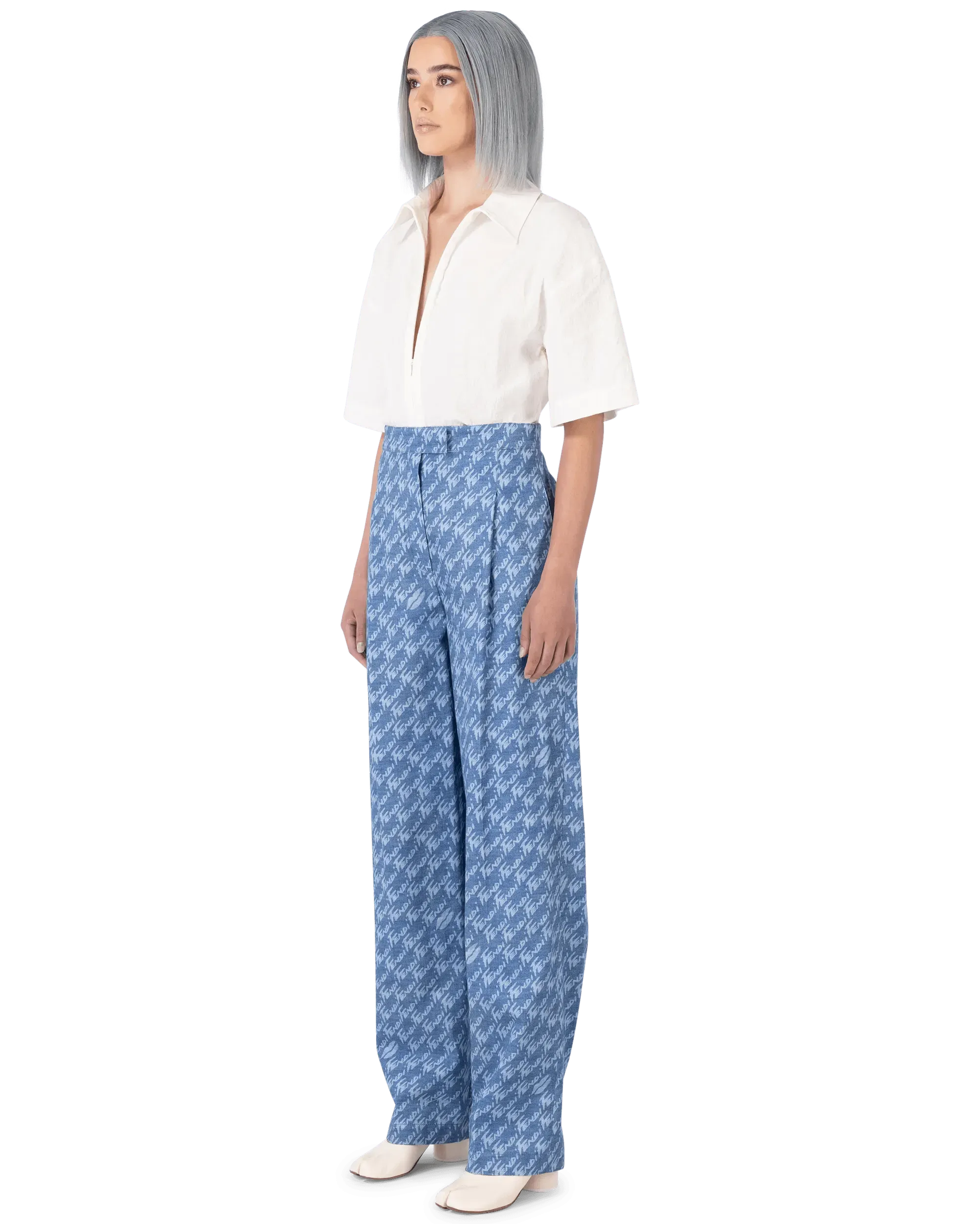 Fendi Women's High Waisted Denim Wide Leg Pants - Vintage Blue Distressed Jeans for Casual Outfits & Streetwear Fashion