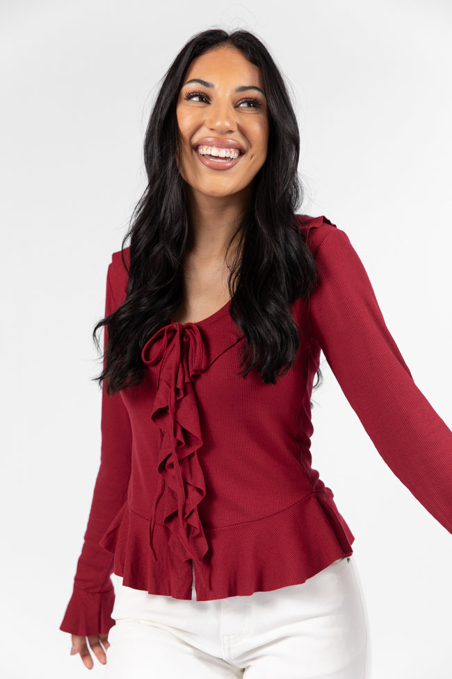 Elegant Wine Ruffle Detail Ribbed Blouse for Women - Perfect for Date Nights & Special Occasions - Final Sale