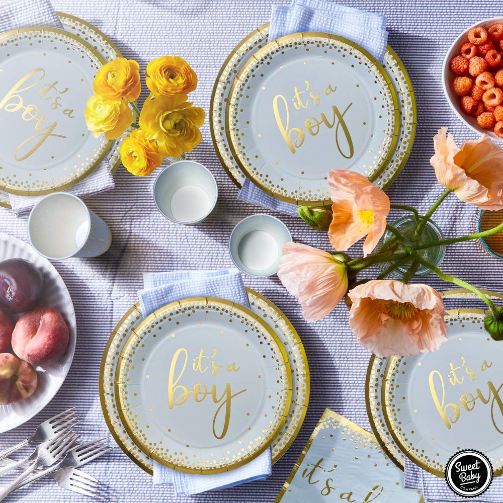 Sweet Baby Co. Oh Baby Boy Shower Party Supplies Set - 24-Pack Light Blue & Gold Its a Boy Paper Plates, Napkins, Cups - Gender Reveal & Baby Shower Tableware Decorations for Birthday Celebrations - Perfect for Baby Showers, Gender Reveal Parties & Newborn Celebrations
