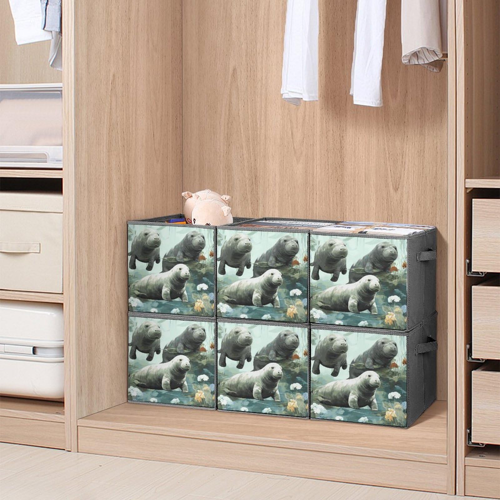 6-Piece Collapsible Storage Bins with Handles - Cute Rabbit & Manatee Printed Foldable Organizing Baskets for Home, Closet, Shelves & Office Storage Solutions | Space-Saving Home Organization for Toys, Books & Clothes