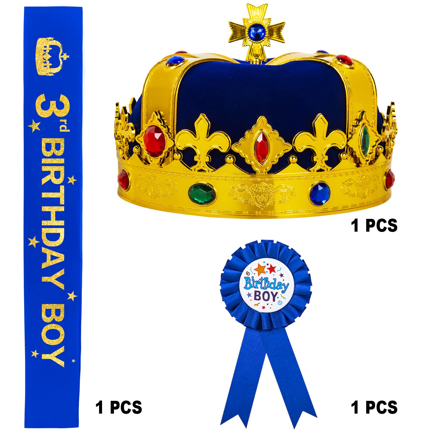 3rd Birthday Crown & Hat Set for Boys - King Crown, Birthday Sash & Party Decorations - Perfect for 3 Year Old Birthday Celebrations, Photo Shoots & Special Moments