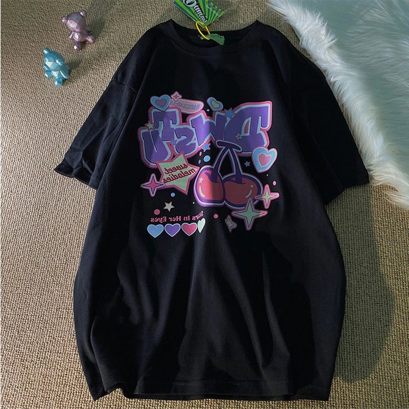 Cartoon Fruit Print Women's T-Shirt - Cute Oversized Y2K Harajuku Style Short Sleeve Tee for Women & Girls | Perfect for Casual Wear, Street Fashion & Retro Outfits