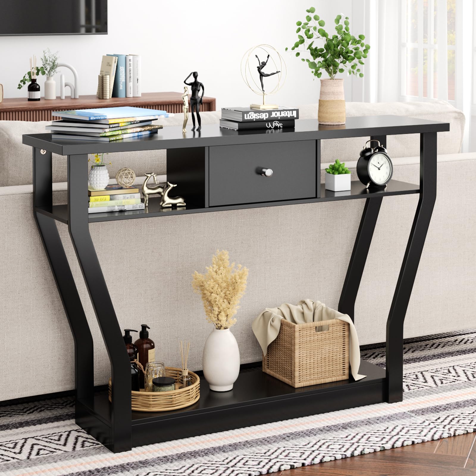 47'' Narrow Console Table with Drawer - 3-Tier Wooden Entryway Table with Open Shelves - Multi-Purpose Sofa Table for Living Room, Hallway & Bedroom - Easy Assembly & Storage (Black) - Perfect for Small Spaces & Home Decor