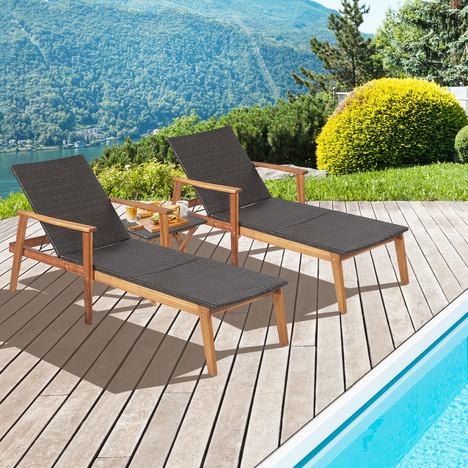 Tangkula 3-Piece Outdoor Patio Furniture Set - Acacia Wood Rattan Chaise Lounge Chairs with Adjustable Backrest & Folding Side Table - Durable Mix Brown Recliner Set for Backyard, Poolside, Garden Relaxation