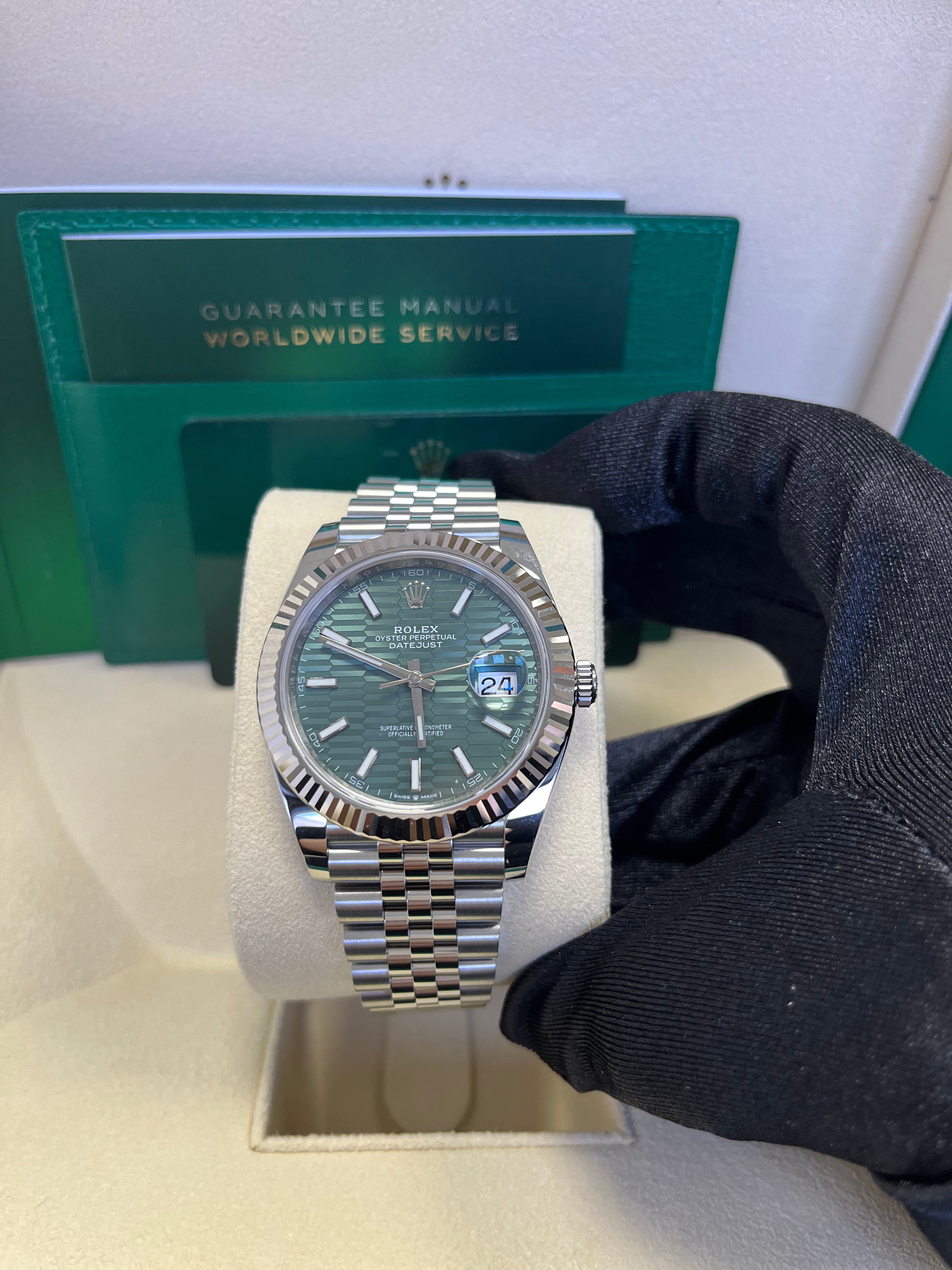 Rolex Datejust 41mm White Gold & Steel Watch with Mint Green Fluted Motif Dial & Fluted Bezel - Jubilee Bracelet Ref#126334 | Luxury Dress Watch for Men, Business & Formal Occasions