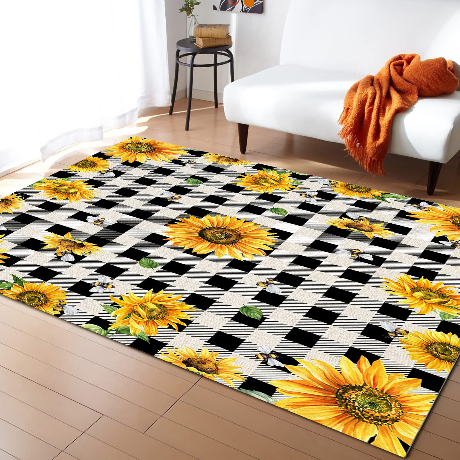 Black and White Buffalo Plaid Area Rug 5'x8' - Extra Large Washable Indoor/Outdoor Carpet for Living Room, Bedroom, Bathroom - Perfect for Kids, Teens, Boys & Girls - Spring Summer Decor with Bumble Bee Sunflower Pattern - Great for Home, Dorm, Patio & Office Use