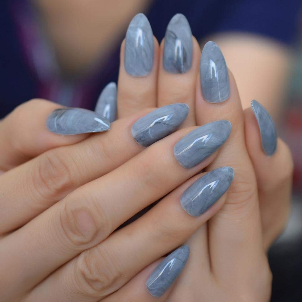 CSCH False Nails - Medium Gray Shiny Almond Artificial Nails with Marble Design | Stylish Stiletto Fake Nails for Women | Perfect for Parties, Weddings & Special Occasions
