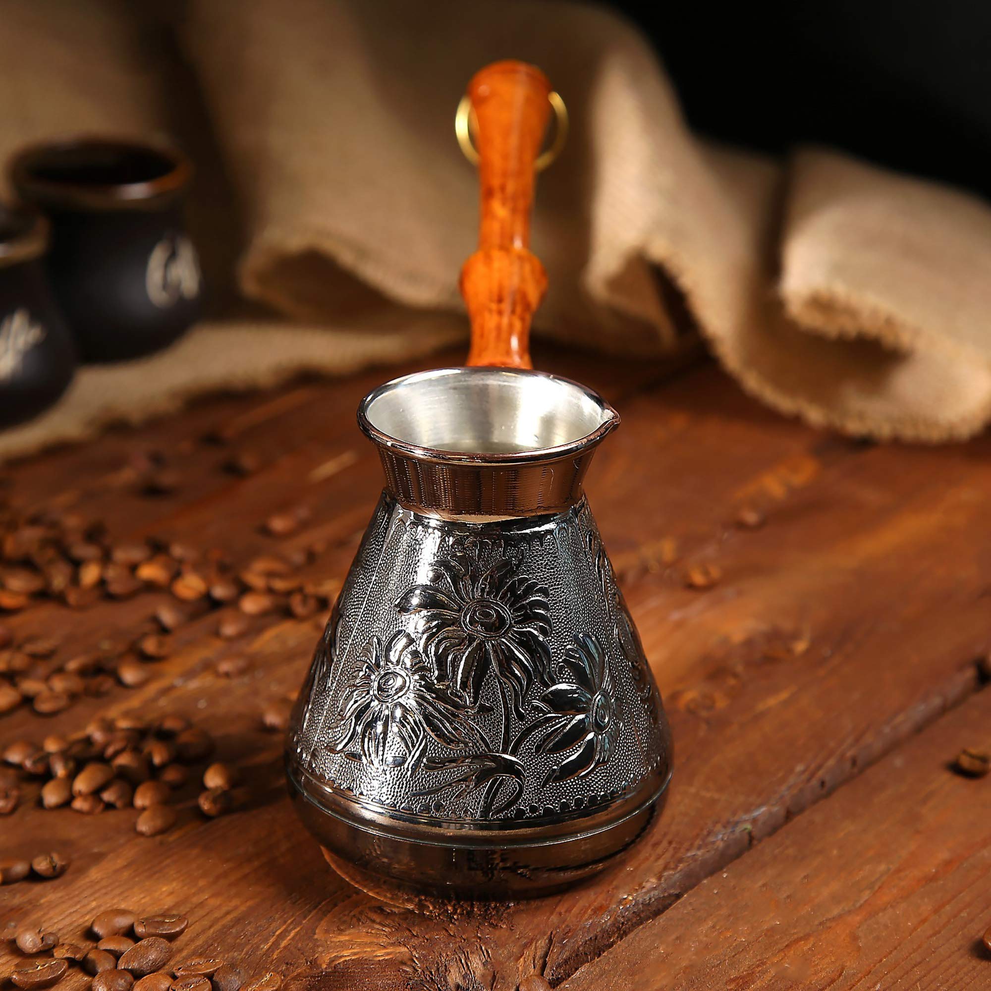 14 Oz Copper Turkish Greek Arabic Engraved Coffee Pot - Stovetop Cezve Ibrik Briki with Wooden Handle - Perfect for Traditional Coffee Brewing at Home or Cafe