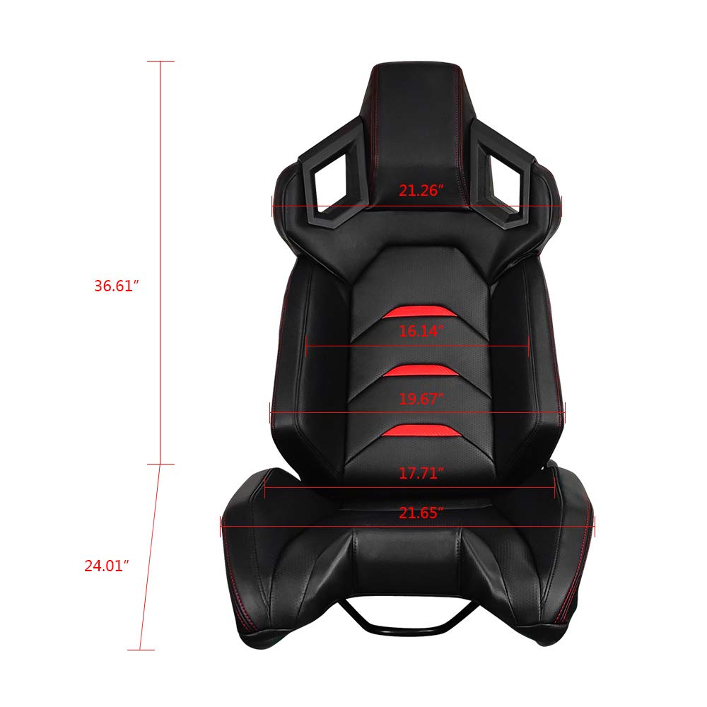 IKON MOTORSPORTS Universal Racing Seat - Right Passenger Side with Dual Slider, Black PU Leather with Red Stitch & Stripe, Reclinable - Perfect for Sports Cars, Drifting & Racing Enthusiasts