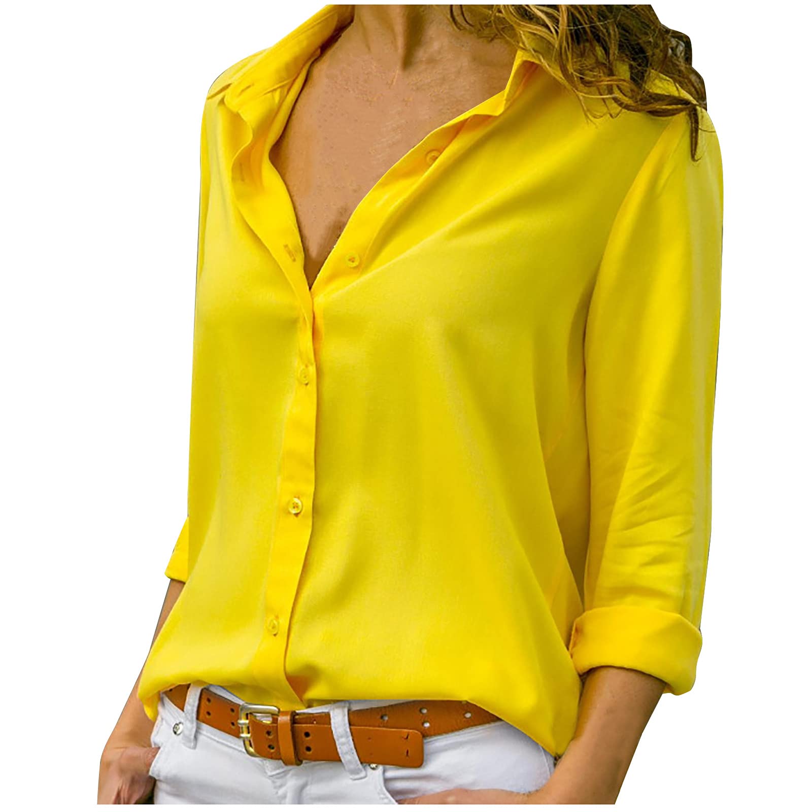 HUANKD Women's Long Sleeve Blouse - Elegant Single-Breasted Lapel Chiffon Shirt for Office, Party & Casual Wear | Solid Color Tops for Women | Perfect for Work, Dating & Special Occasions
