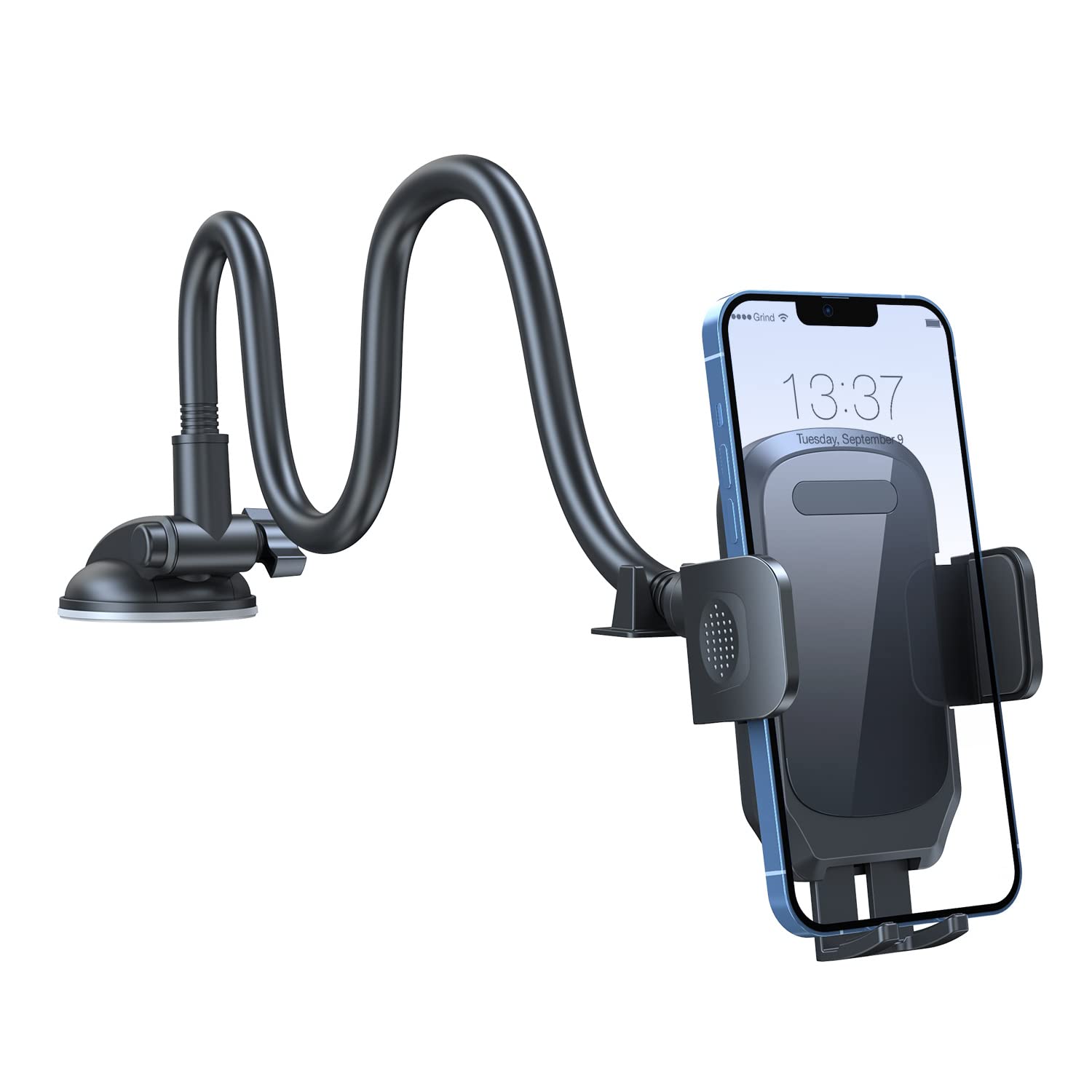 Universal 2-in-1 Car Phone Holder Mount - Dashboard/Windshield/Air Vent Adjustable Gooseneck Stand with Anti-Shake Cradle for iPhone & All Smartphones | Perfect for GPS Navigation, Hands-Free Calling & Road Trips